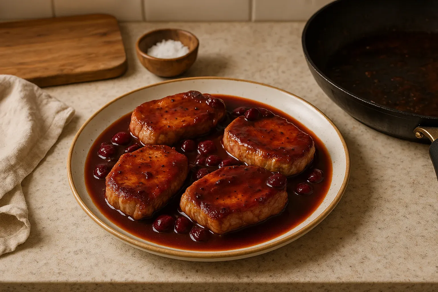 Pan-seared pork chops with cherry sauce on a plate, garnished with whole cherries, next to a skillet on a kitchen countertop.