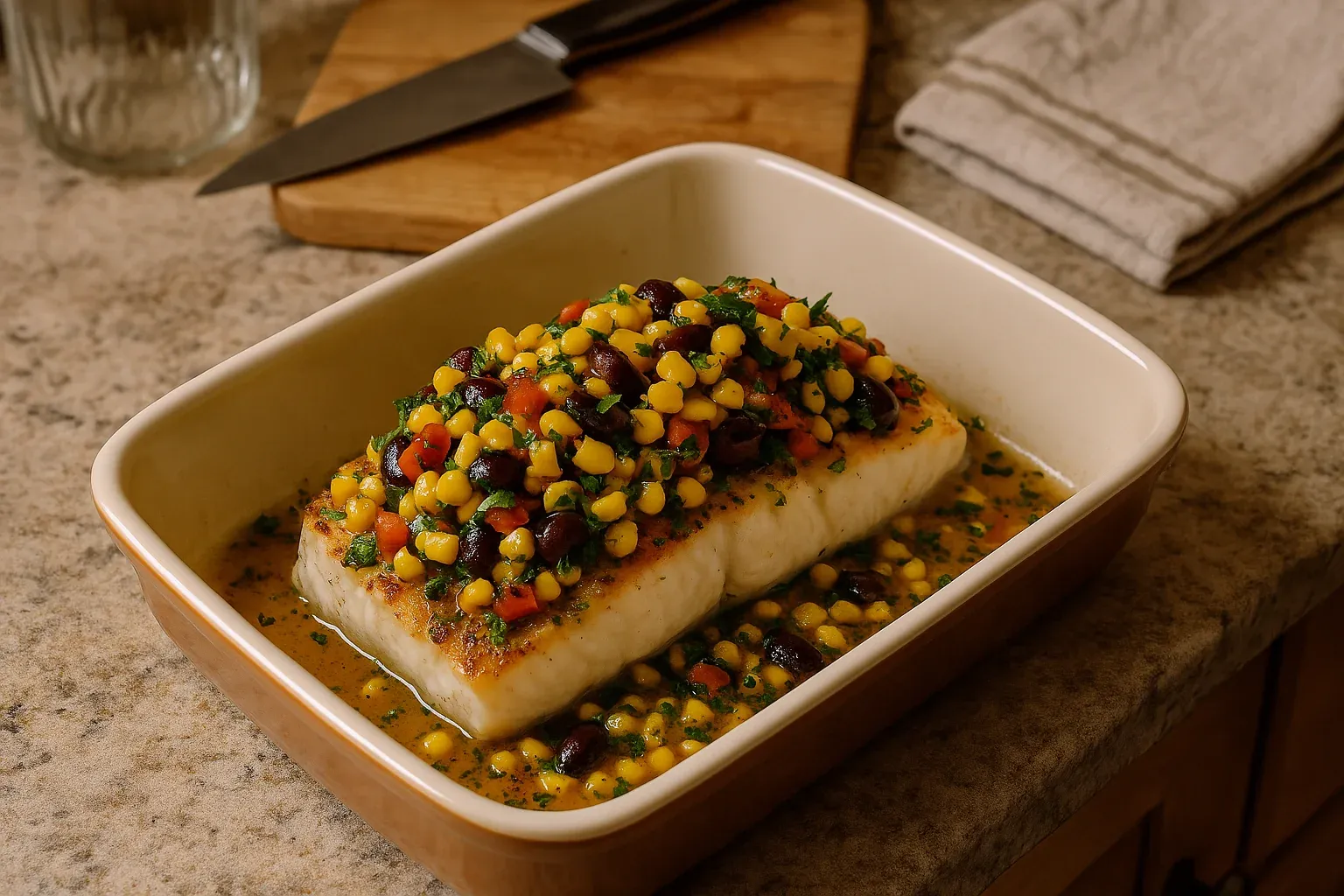 Baked fish fillet topped with a colorful bean and corn salsa in a white baking dish on a kitchen counter.