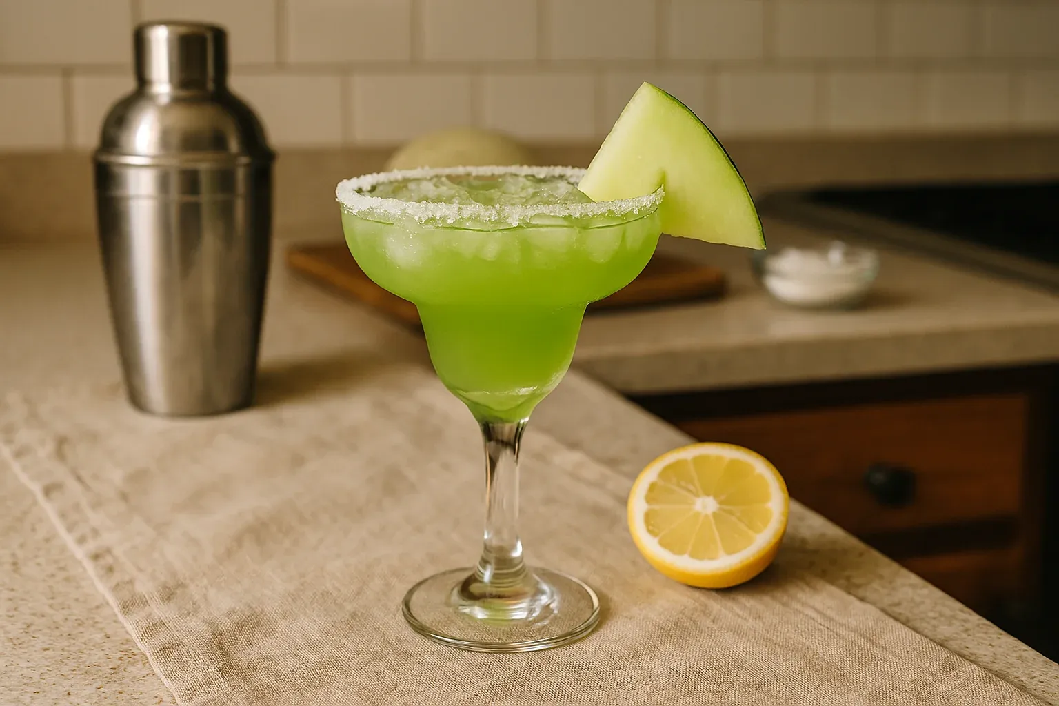 Green honeydew margarita in a salt-rimmed glass garnished with honeydew slice, lemon half and cocktail shaker in the background.