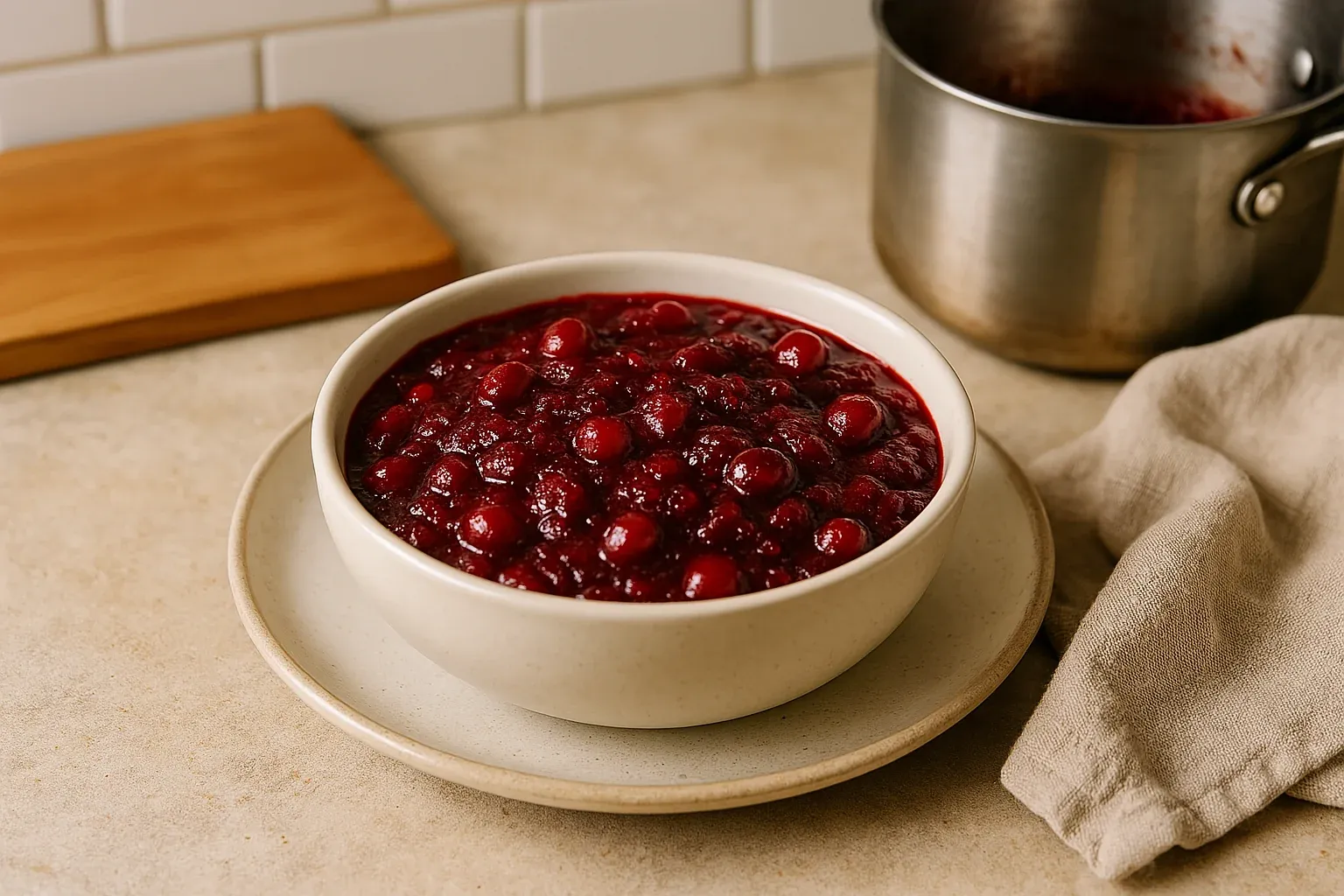 Homemade cranberry sauce with whole cranberries served in a white bowl, next to a pot and beige cloth on a kitchen counter.