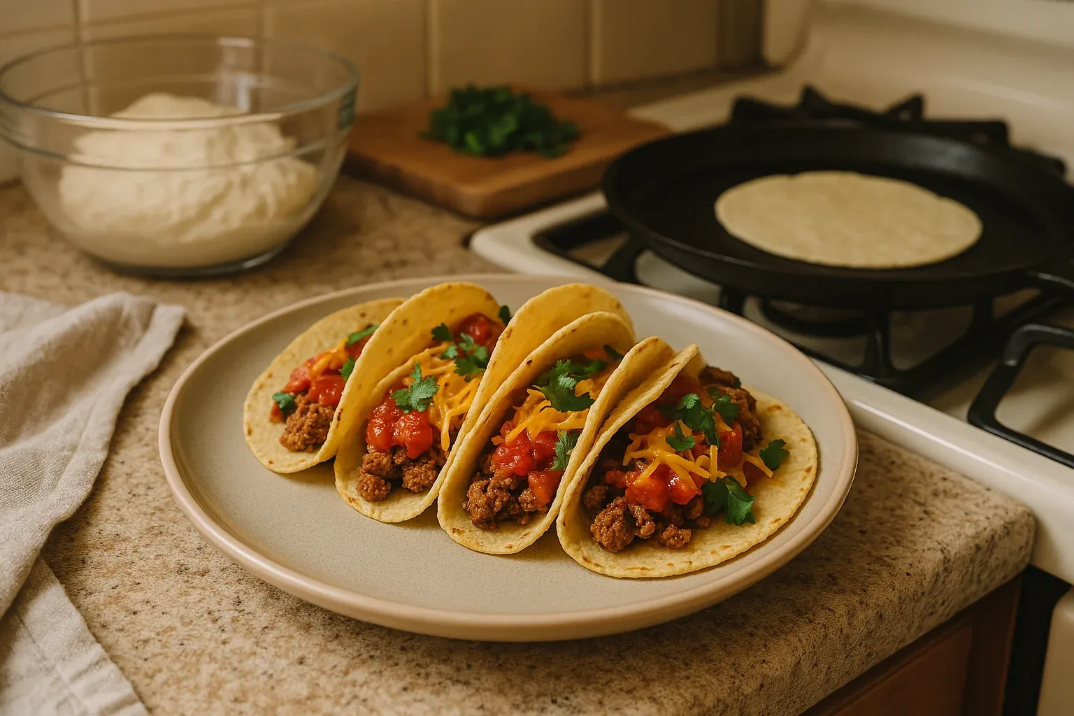 Four beef tacos with cheese, salsa, and cilantro on a plate, with tortillas cooking on a stove and dough in a bowl in the background.