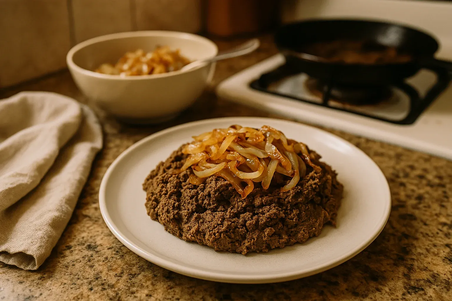 Caramelized onions atop a mound of liver pate on a white plate, with a bowl of extra onions and a stove in the background.