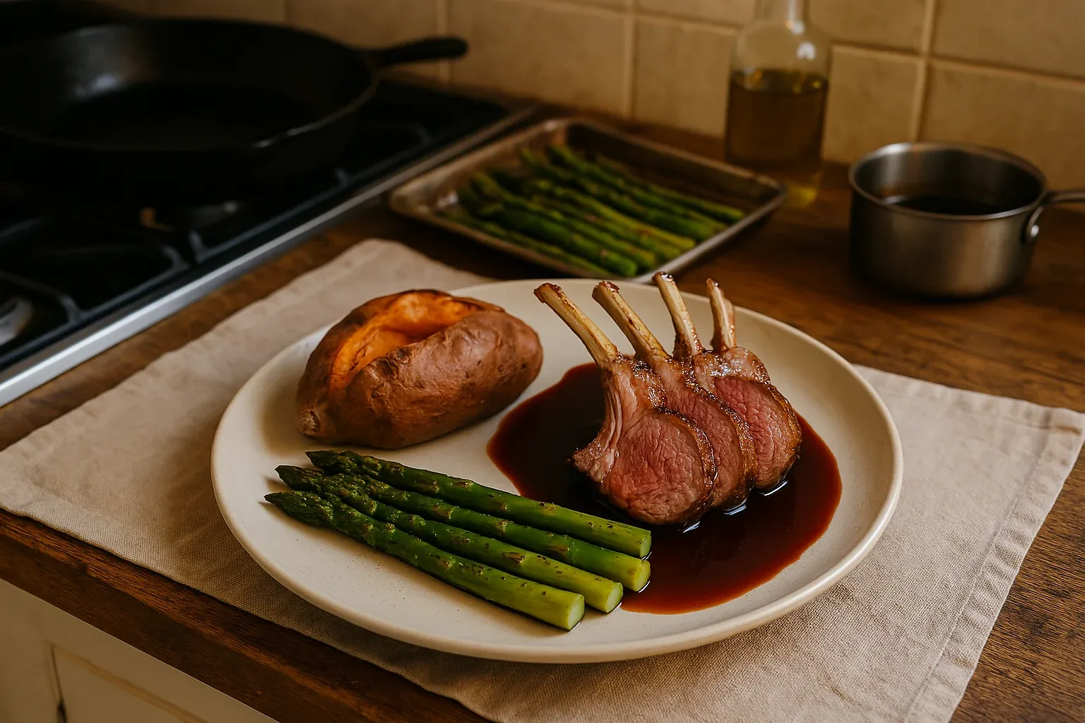 Plate with roasted lamb chops in sauce, asparagus, and baked sweet potato on a table near stove and cooking utensils.
