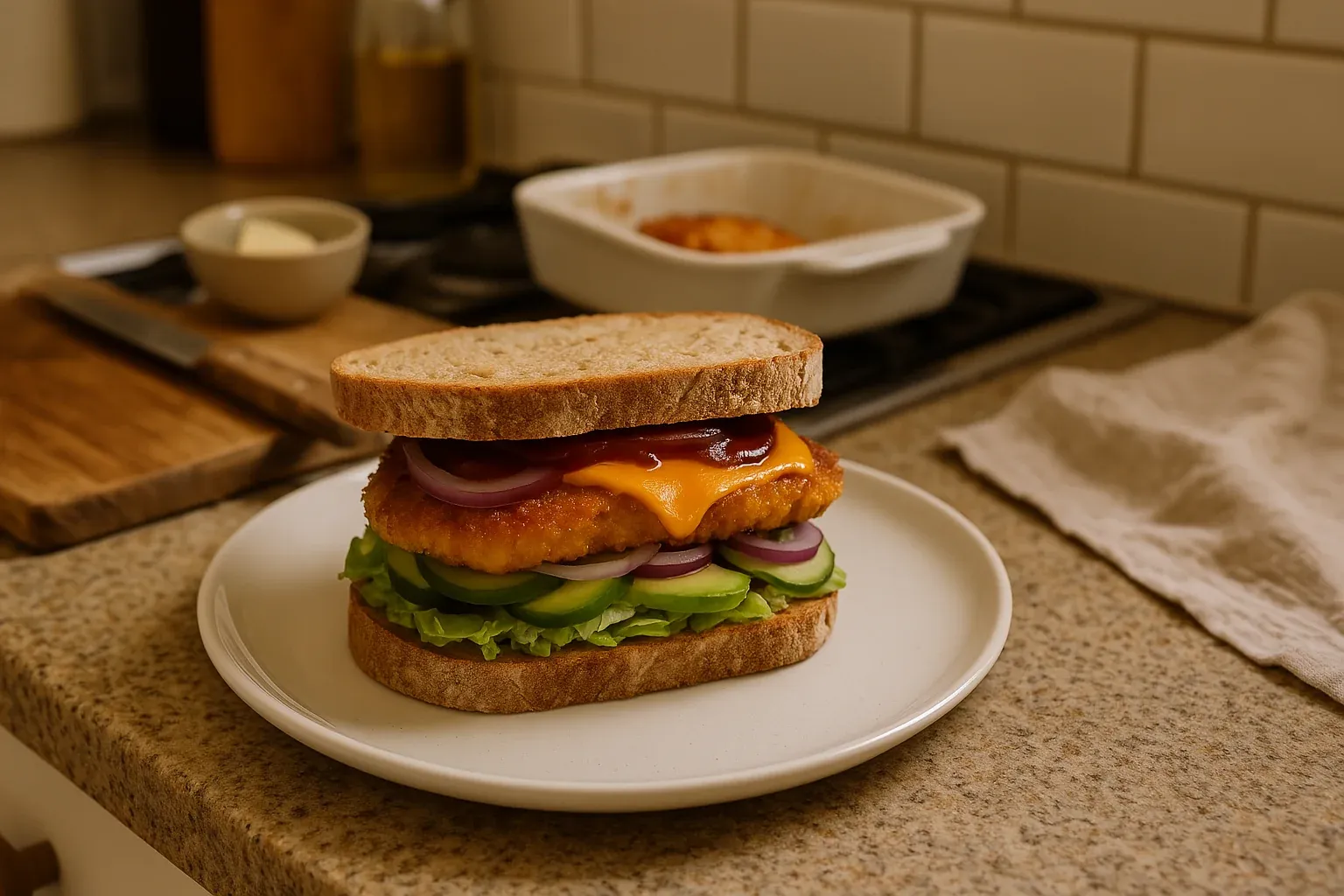 Crispy chicken sandwich with cheddar cheese, lettuce, cucumber, red onion, and ketchup on whole grain bread, served on a white plate.
