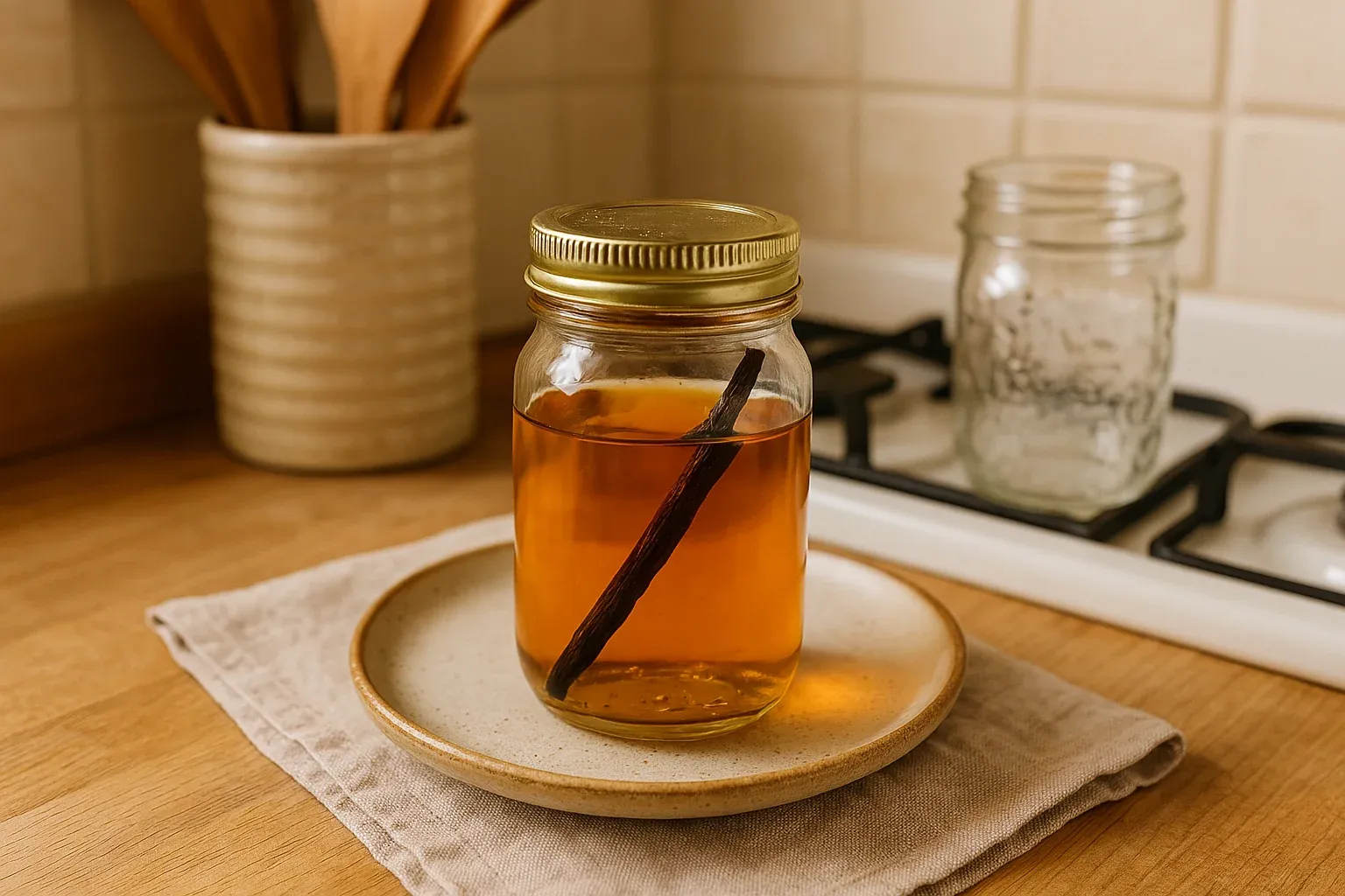 A jar of homemade vanilla extract with a vanilla bean inside, sitting on a plate in a cozy kitchen setting.