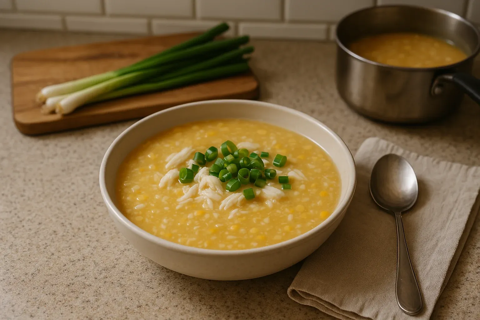 Bowl of creamy corn soup topped with shredded chicken and chopped green onions on a countertop next to a spoon and green onions.