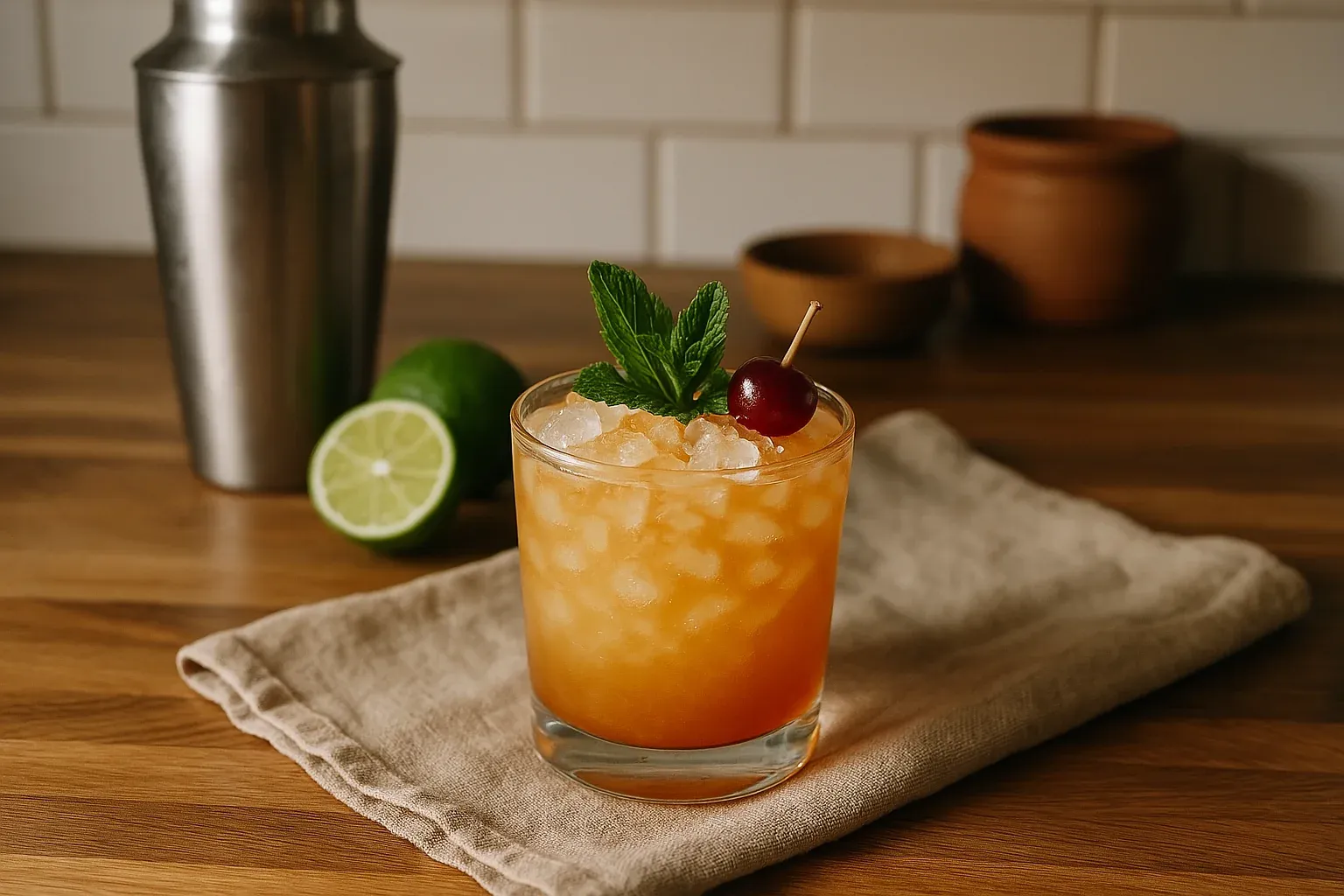 Refreshing Mai Tai cocktail garnished with mint leaves and a cherry, served in a glass filled with crushed ice on a wooden table.
