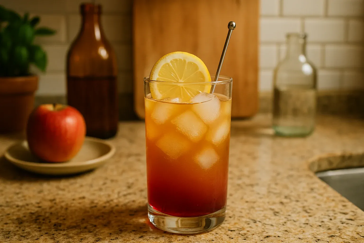 Iced tea with a lemon slice garnish in a glass on a kitchen counter, with an apple and bottles in the background.