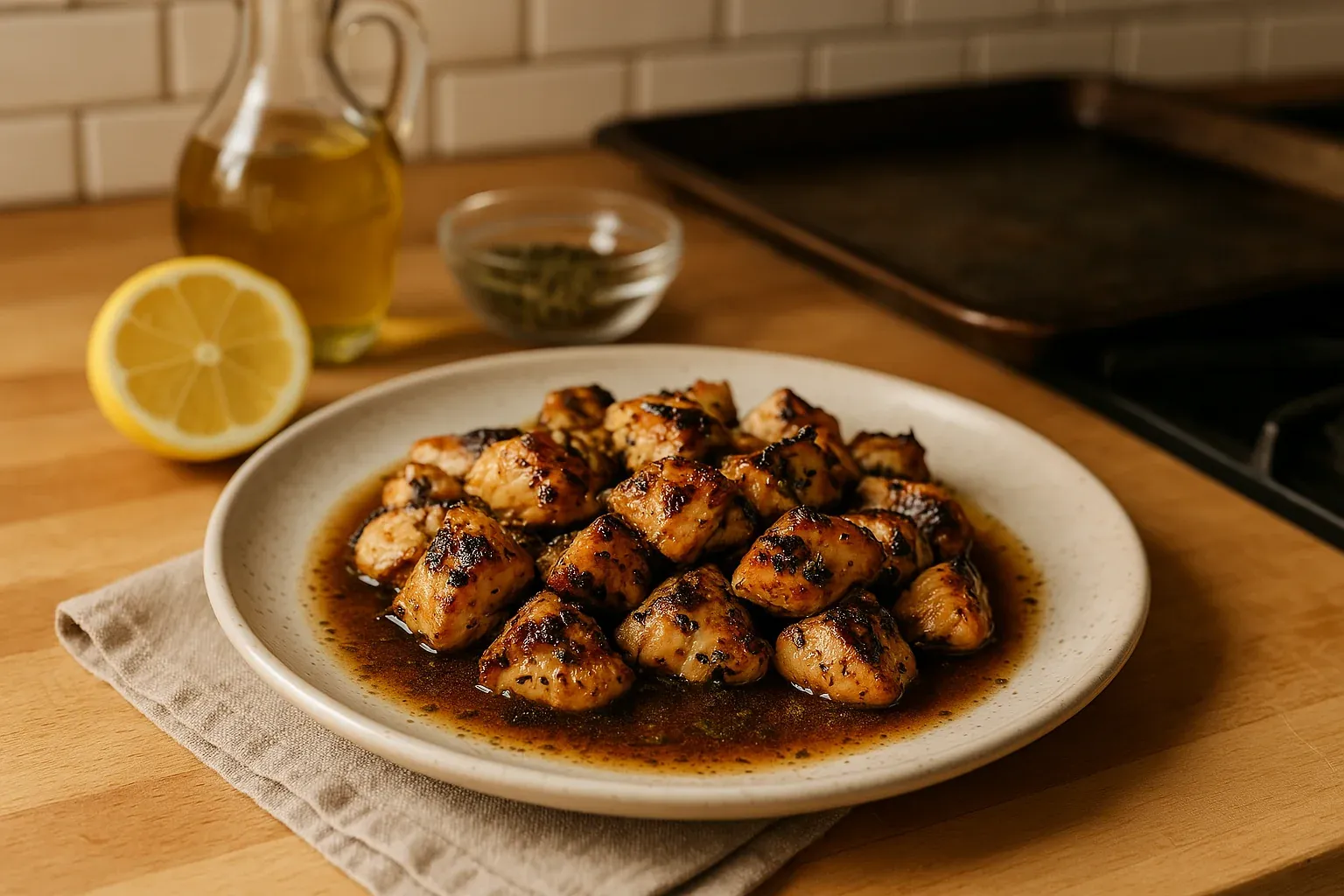 Grilled chicken bites marinated in a savory sauce, served on a plate with a lemon, olive oil, and herbs in the background.