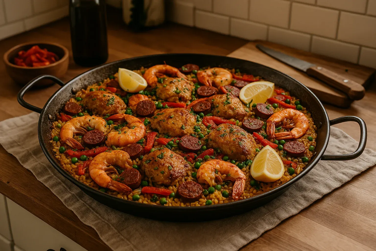 Traditional Spanish paella with shrimp, chorizo, chicken, peas, and red peppers, garnished with lemon wedges in a large skillet.