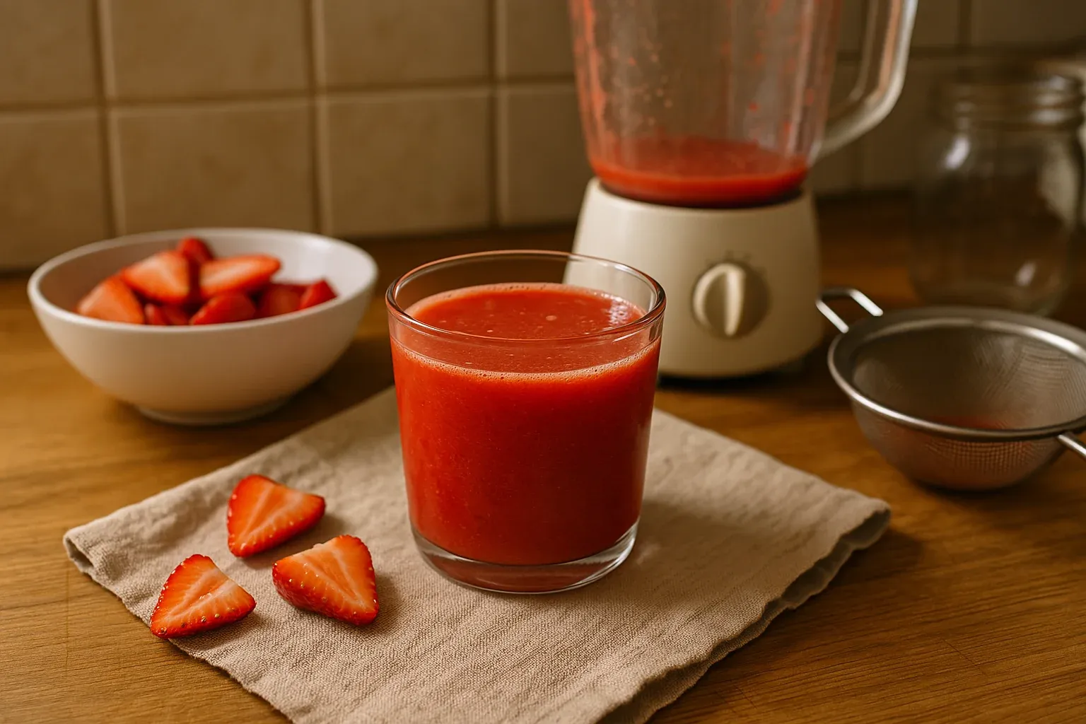 Fresh strawberry smoothie in a glass with sliced strawberries, a blender, and a strainer on a kitchen counter.