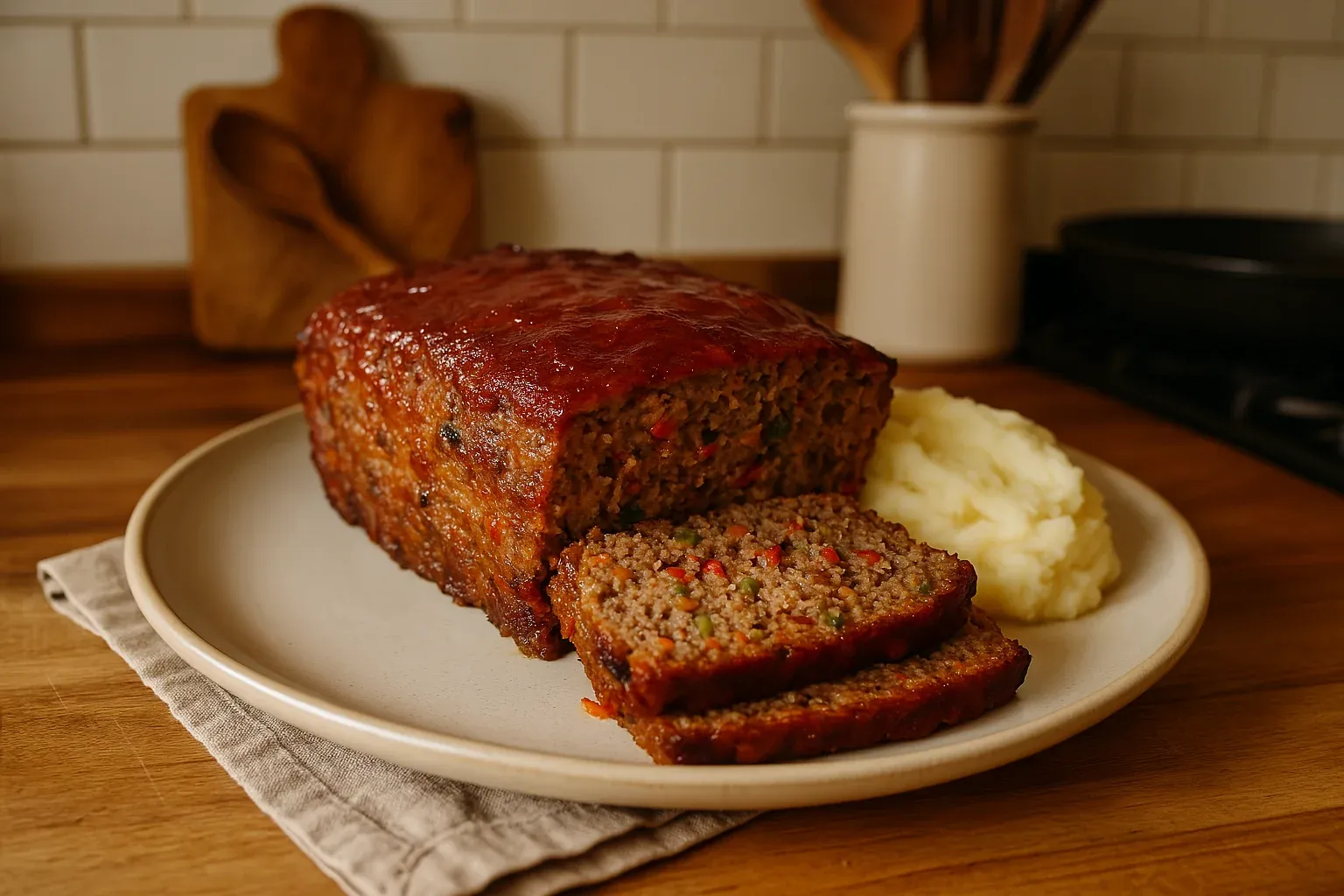 Homemade meatloaf with a shiny glaze, sliced and served with a side of creamy mashed potatoes on a beige plate.