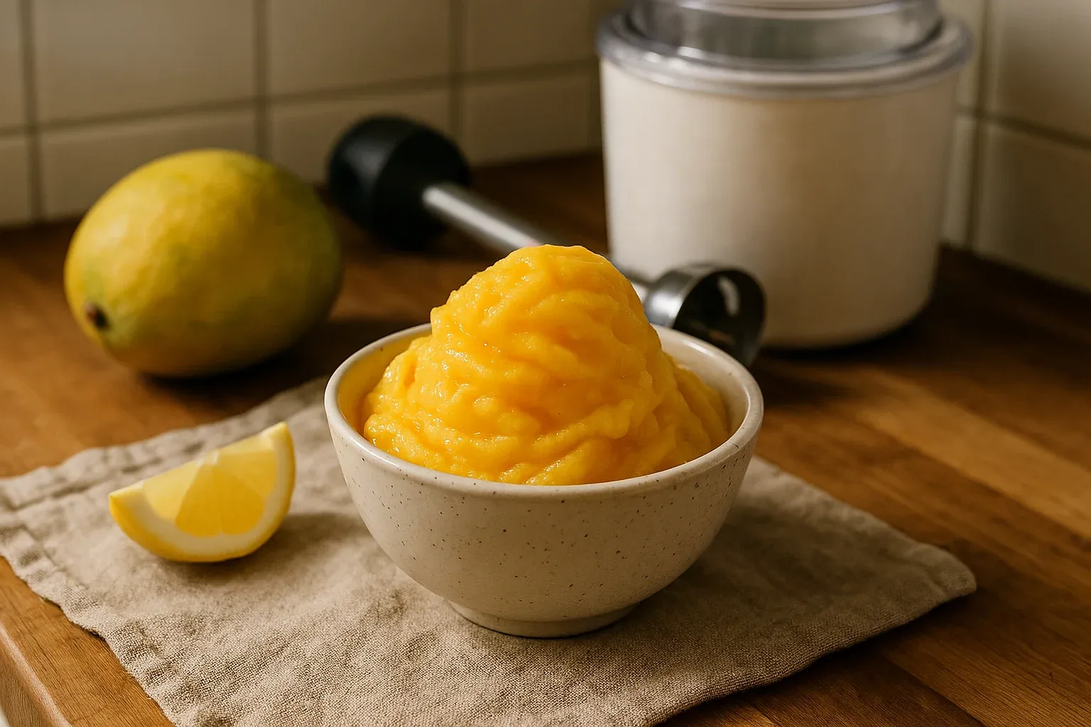 Creamy mango sorbet served in a bowl with lemon wedge, fresh mango, and blender in the background on a wooden kitchen counter.