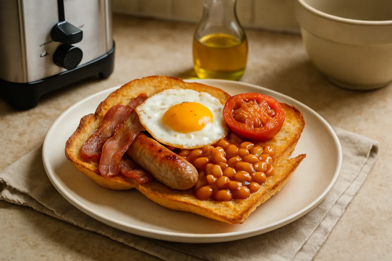 Full English breakfast with bacon, sausage, fried egg, baked beans, and grilled tomato on toast.