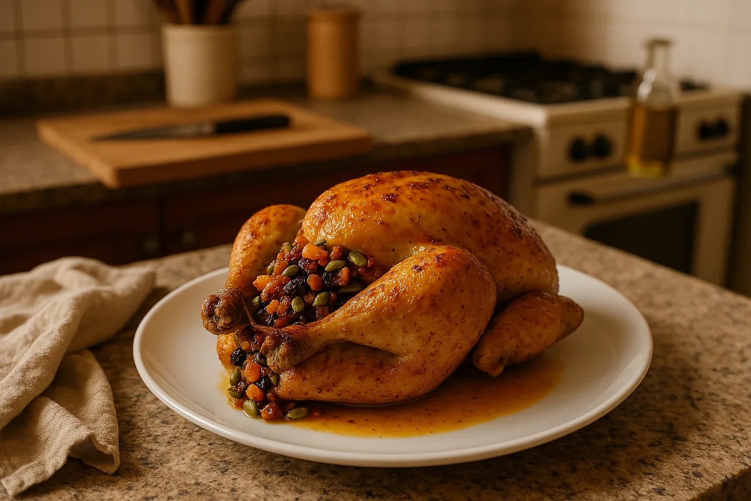 Roast chicken stuffed with a colorful mix of vegetables and beans, served on a white plate in a rustic kitchen setting.