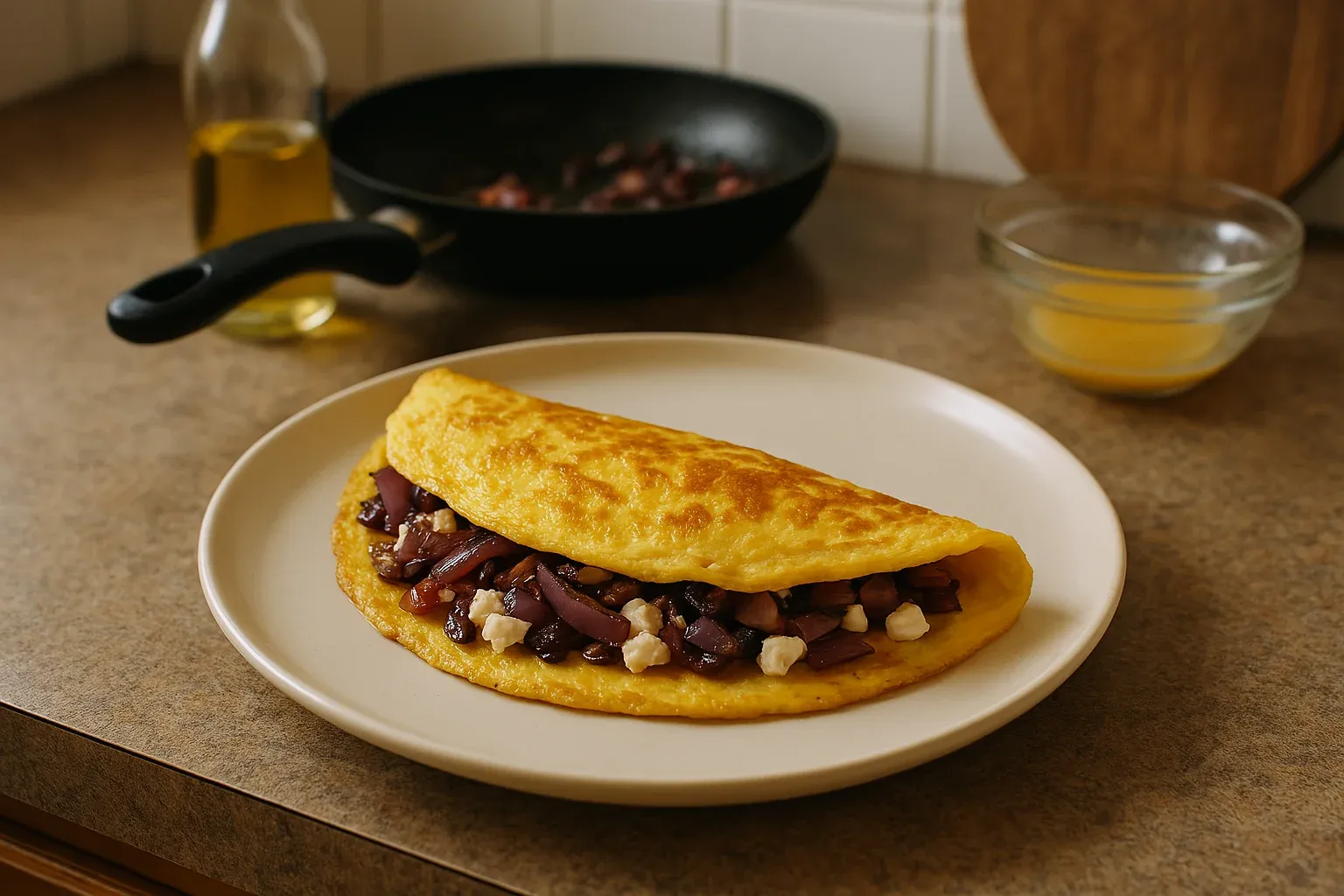 Golden omelet filled with sautéed onions, mushrooms, and crumbled feta on a white plate, with a skillet and ingredients in the background.