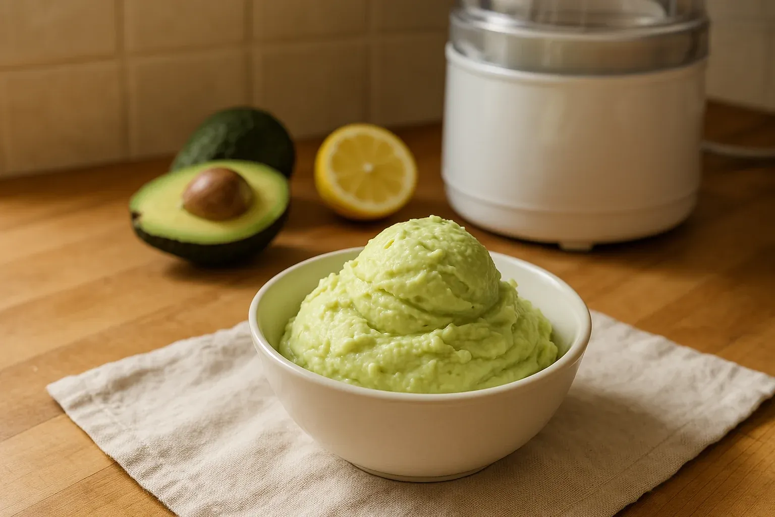 Creamy avocado ice cream in a white bowl, with a sliced avocado and lemon in the background.
