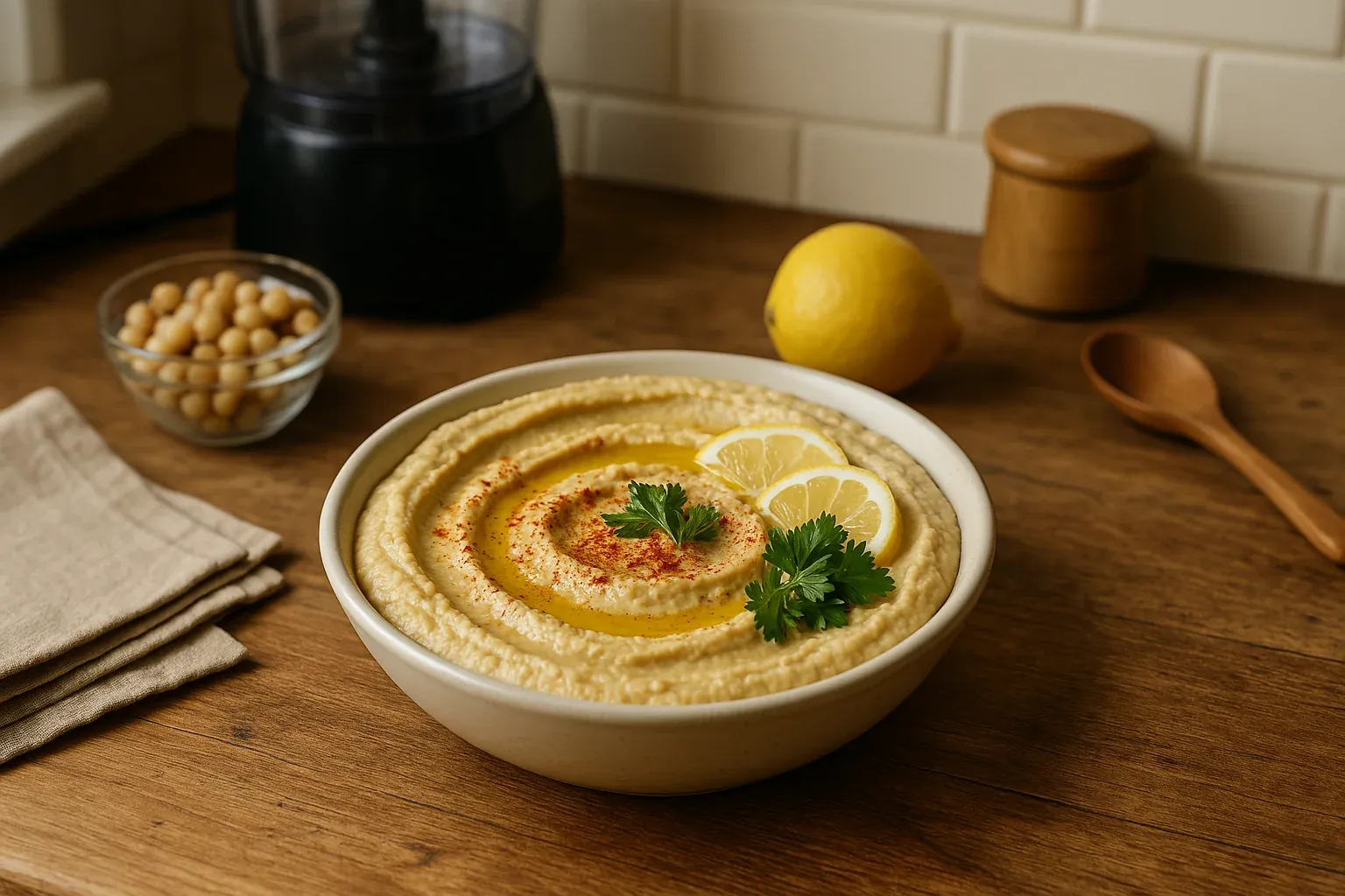 Creamy hummus garnished with lemon slices, parsley, and paprika, displayed on a rustic wooden table with chickpeas and a lemon.