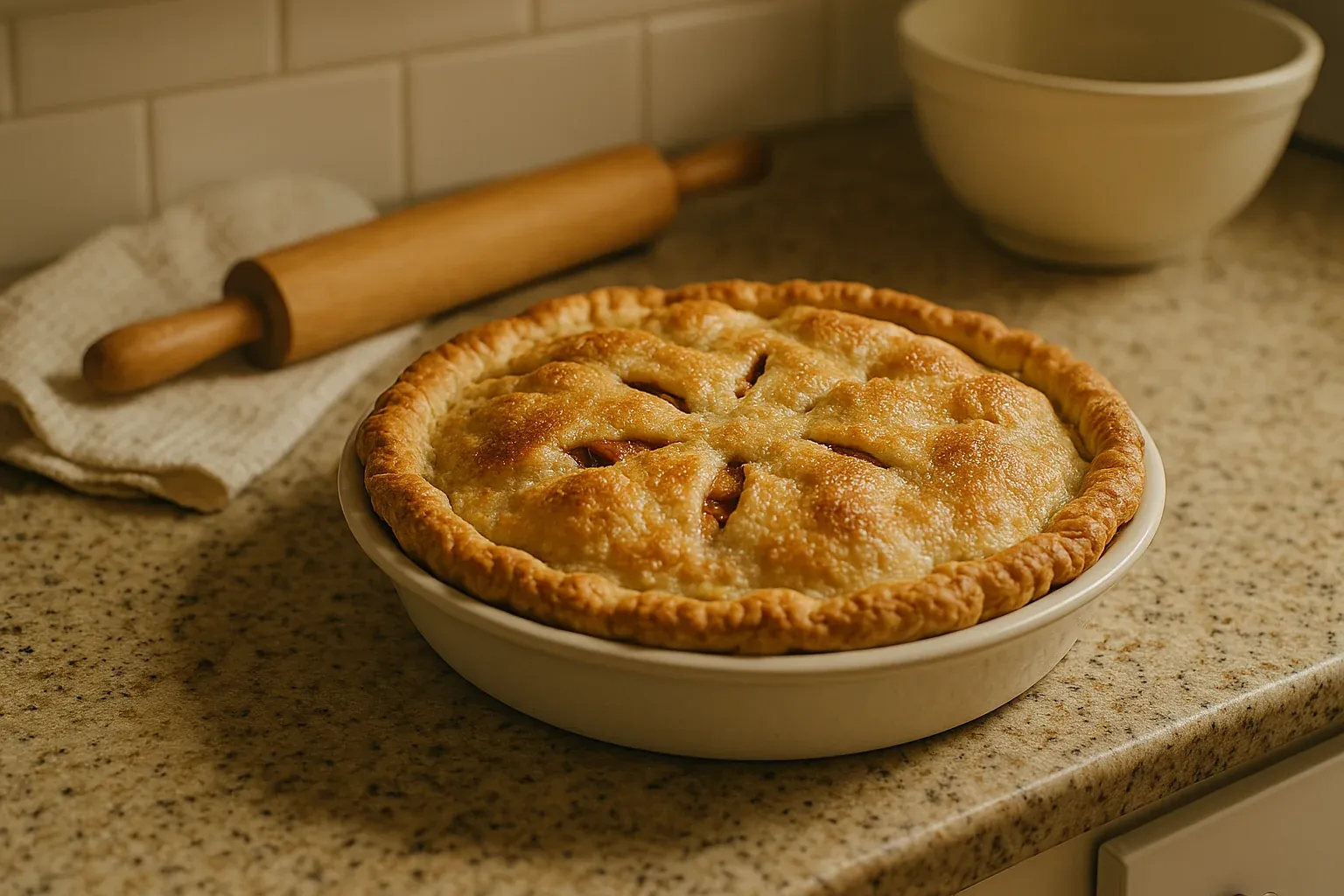 Golden-brown freshly baked pie on a kitchen counter with a rolling pin and mixing bowl in the background.