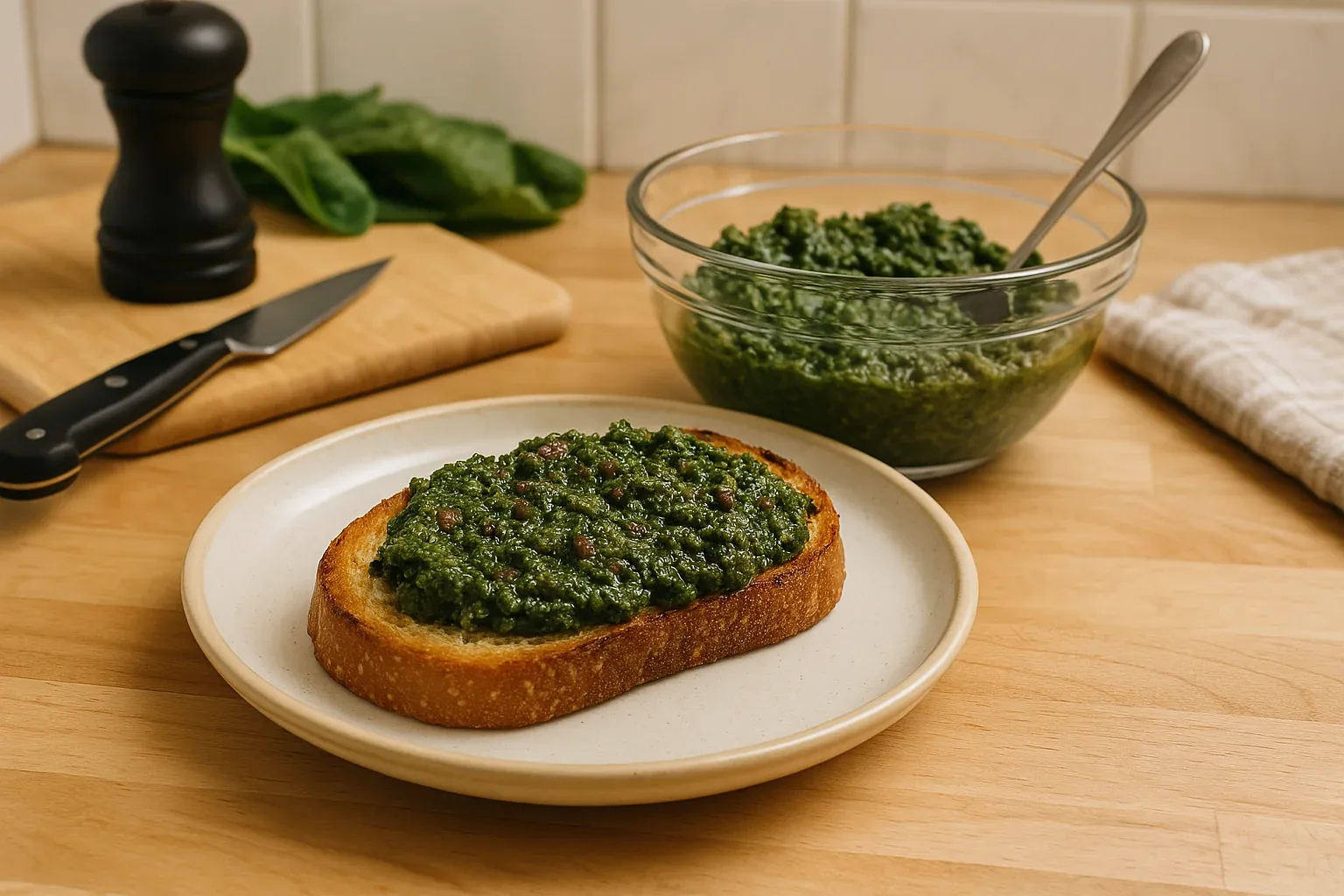 Toasted bread topped with green spinach spread on a plate, with a bowl of extra spread and kitchen tools in the background.