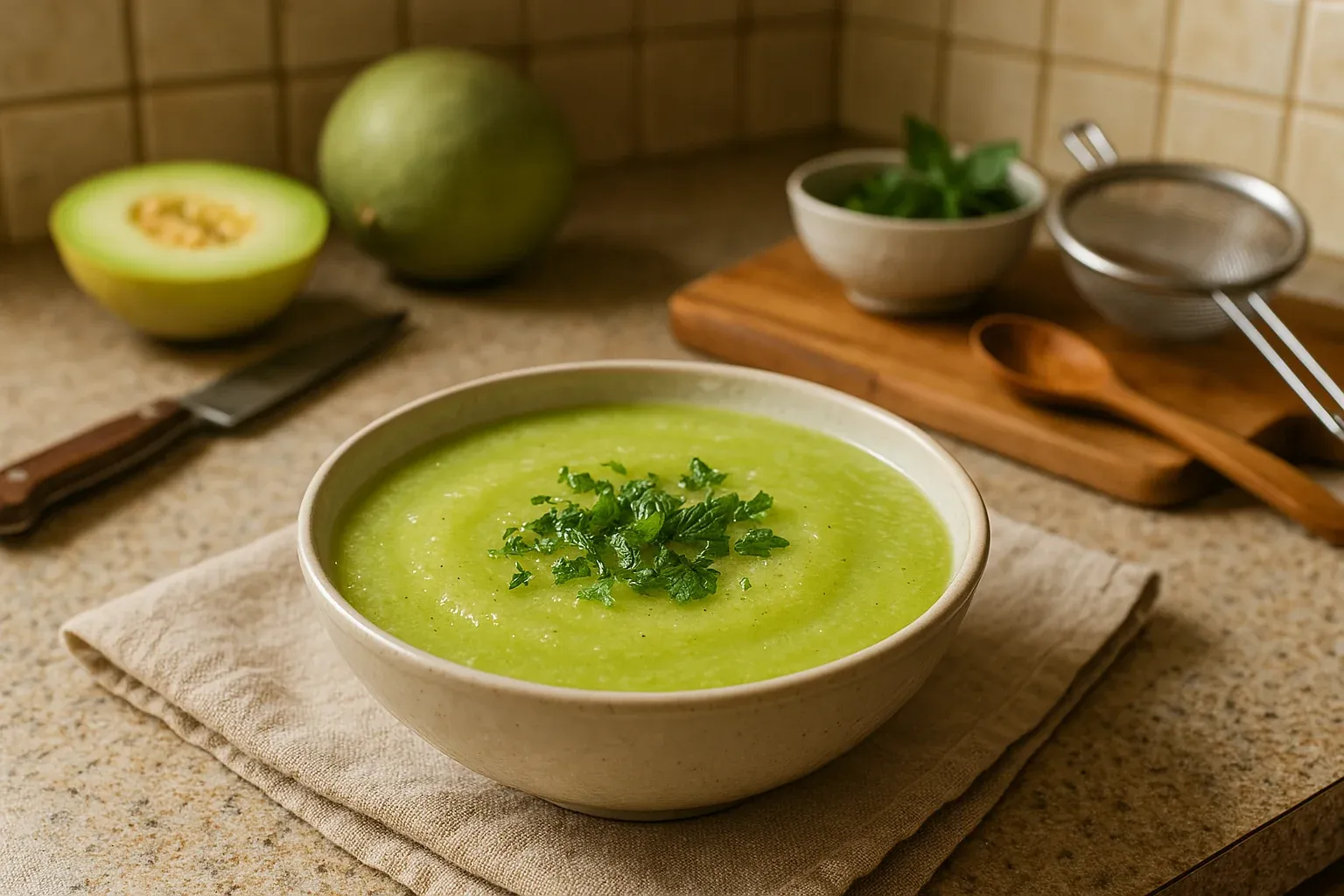 Creamy green soup garnished with fresh herbs, melon halves, and kitchen utensils in the background on a countertop.