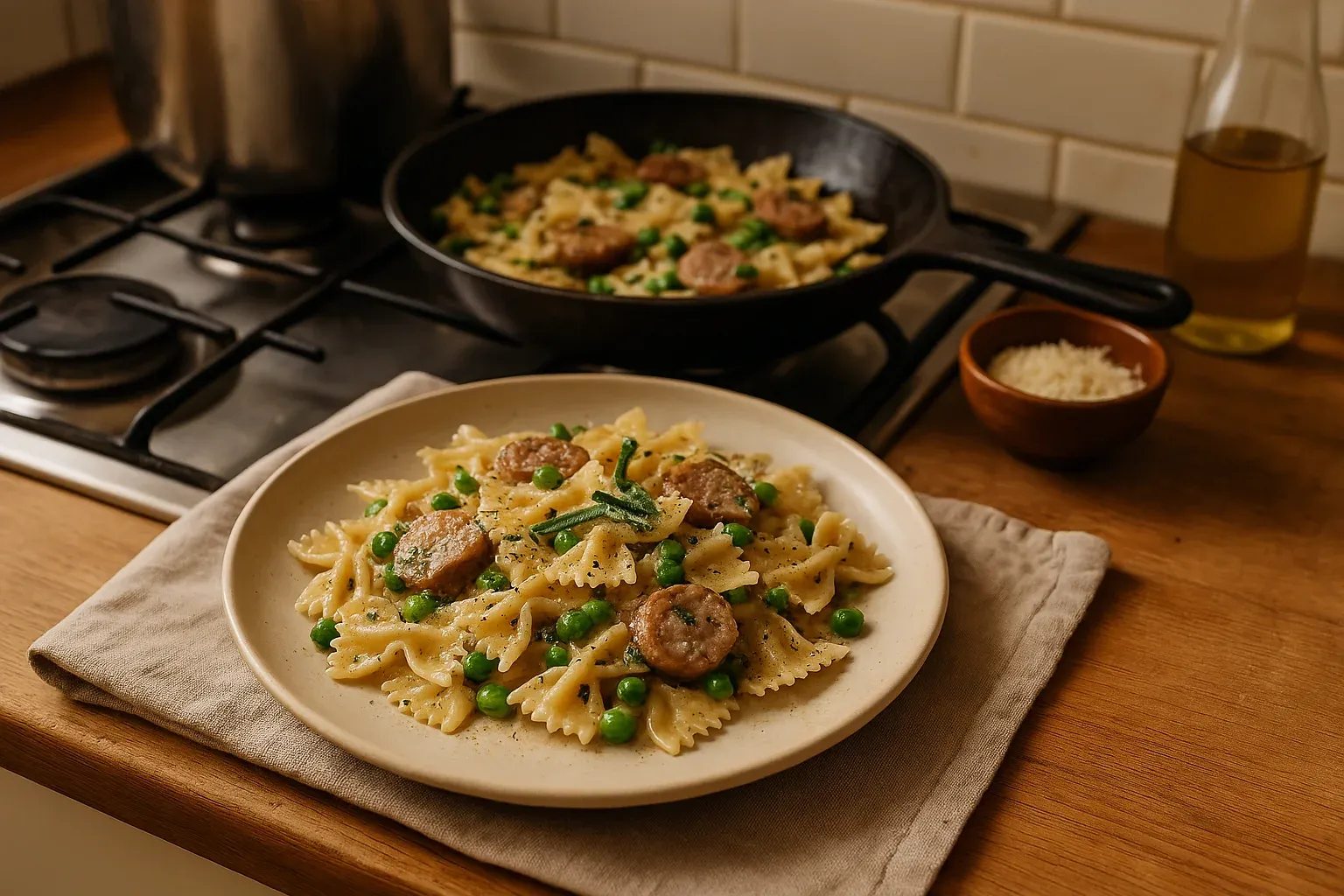 Bowtie pasta with sausage and peas served on a plate, skillet with more pasta in the background on a stove, grated cheese nearby.