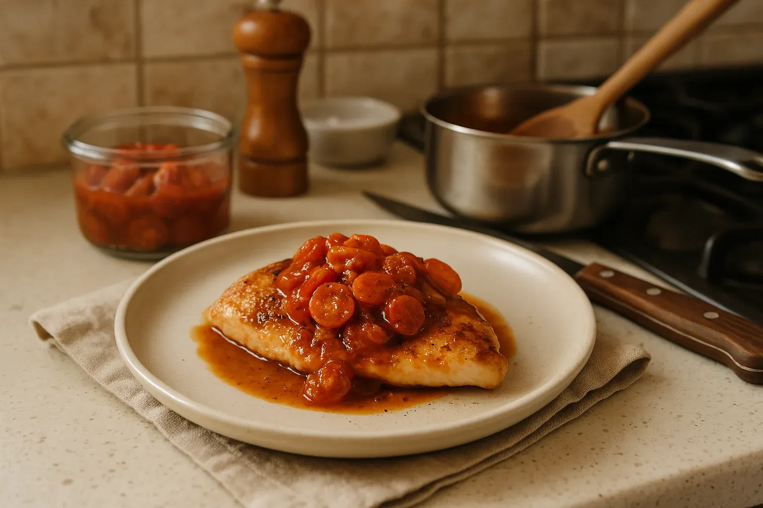 Pan-seared chicken breast topped with a tomato-based sauce, set on a beige plate with a cloth napkin, knife, and kitchen items in the background.