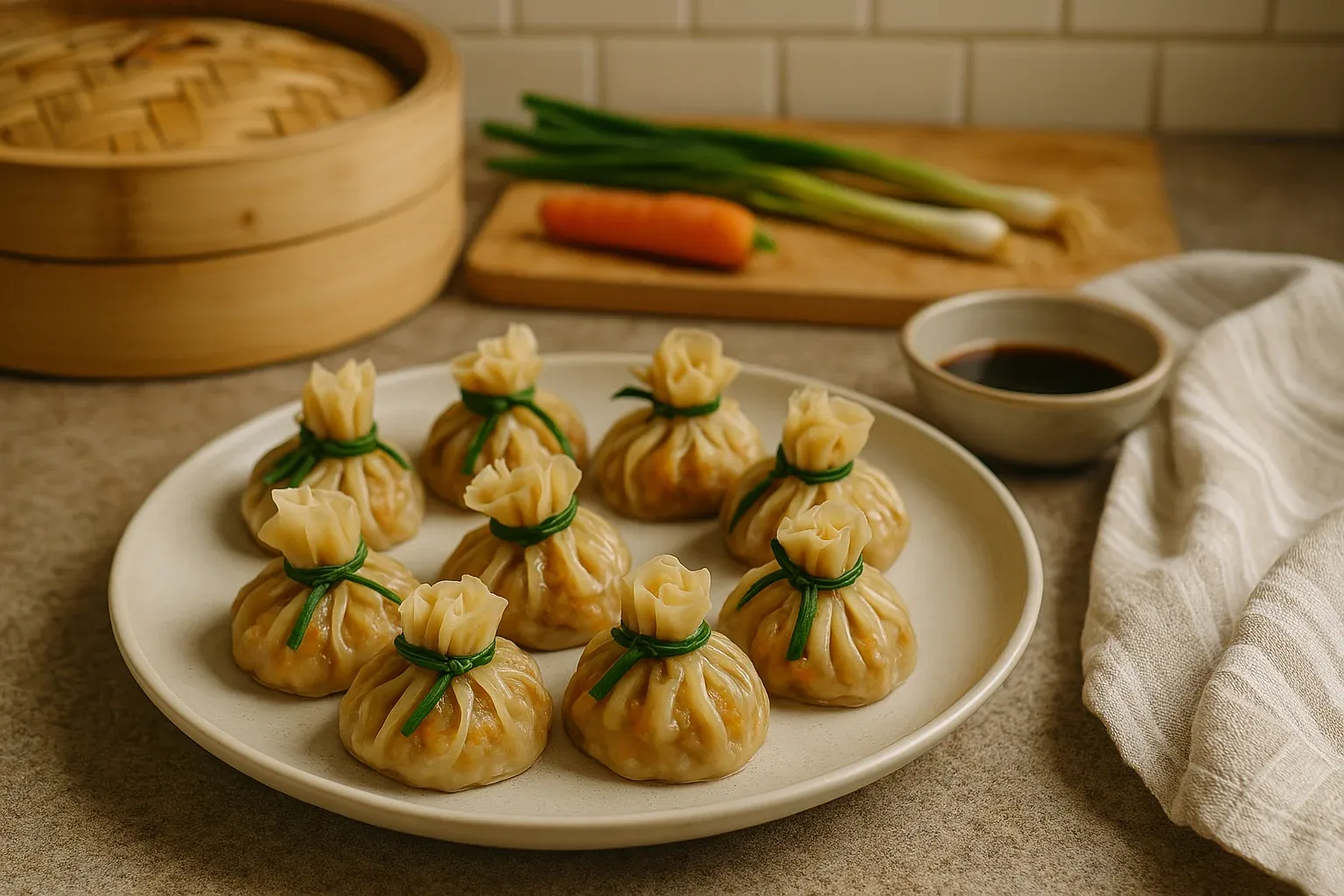Steamed dumplings tied with chives, served on a plate with soy sauce, green onions, and carrot in the background.