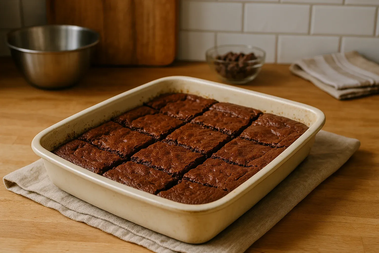 Freshly baked brownies cut into squares in a baking dish, cooling on a kitchen countertop.