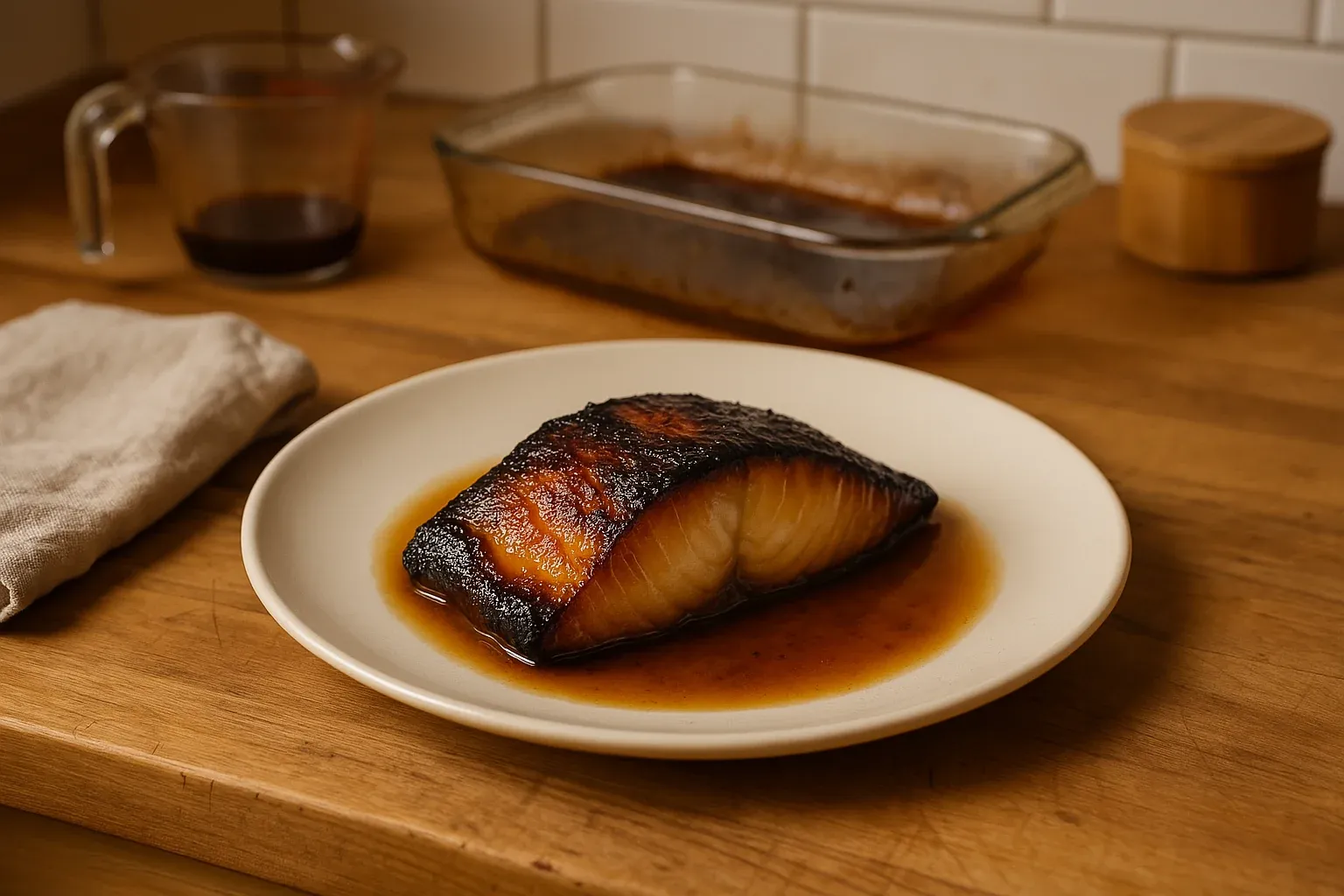 Soy-glazed black cod on a plate with marinade in the background, showcasing its rich color and caramelized edges.