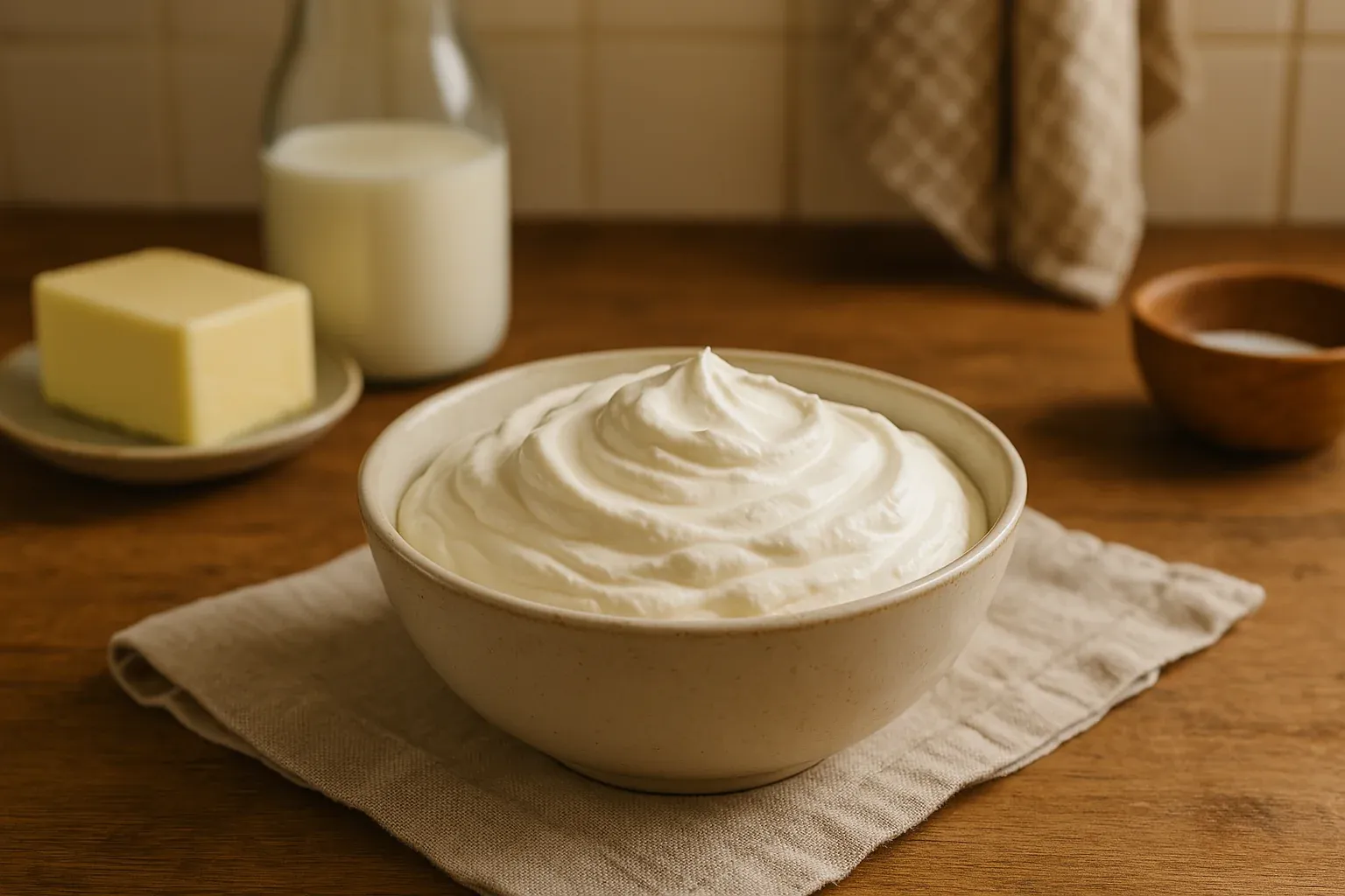 A bowl of creamy homemade whipped cream on a cloth, with butter and milk in the background on a wooden kitchen counter.