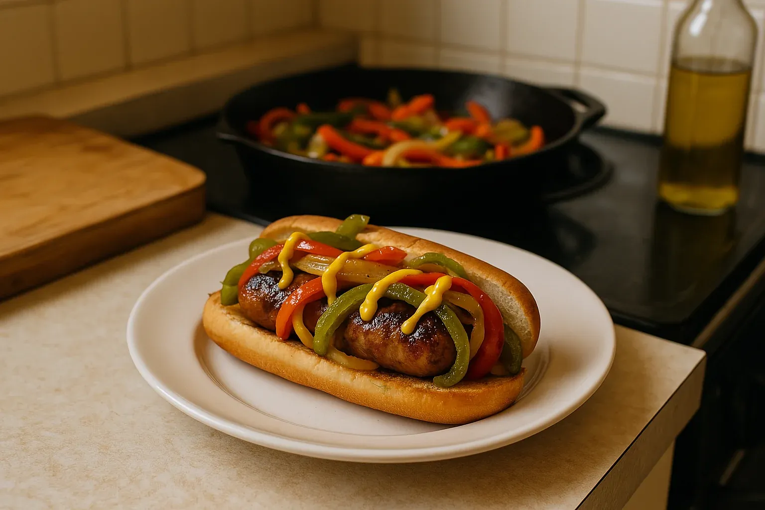 Grilled sausage topped with sautéed bell peppers and mustard in a bun on a plate, with a skillet of peppers in the background.
