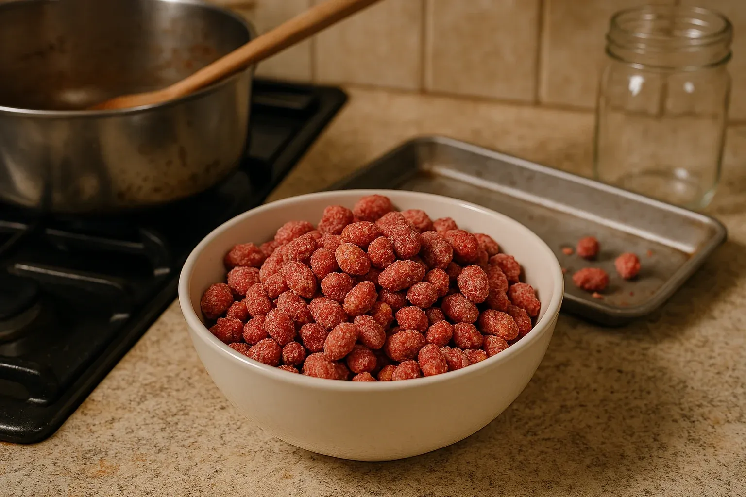 Bowl of raw, seasoned sausage meatballs on a kitchen counter next to a cooking pot and a baking sheet.