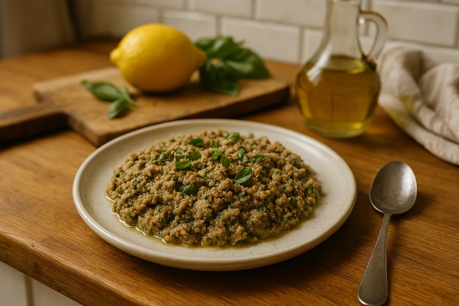 A plate of creamy, herb-garnished baba ganoush on a wooden table, with a lemon, fresh basil, and olive oil in the background.