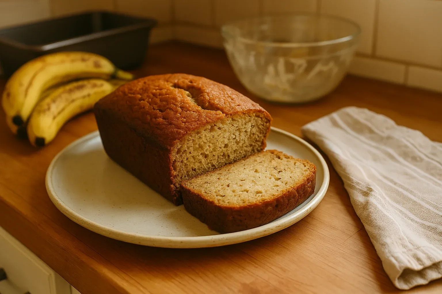 Freshly baked banana bread with a slice cut, displayed on a plate next to ripe bananas and a mixing bowl.