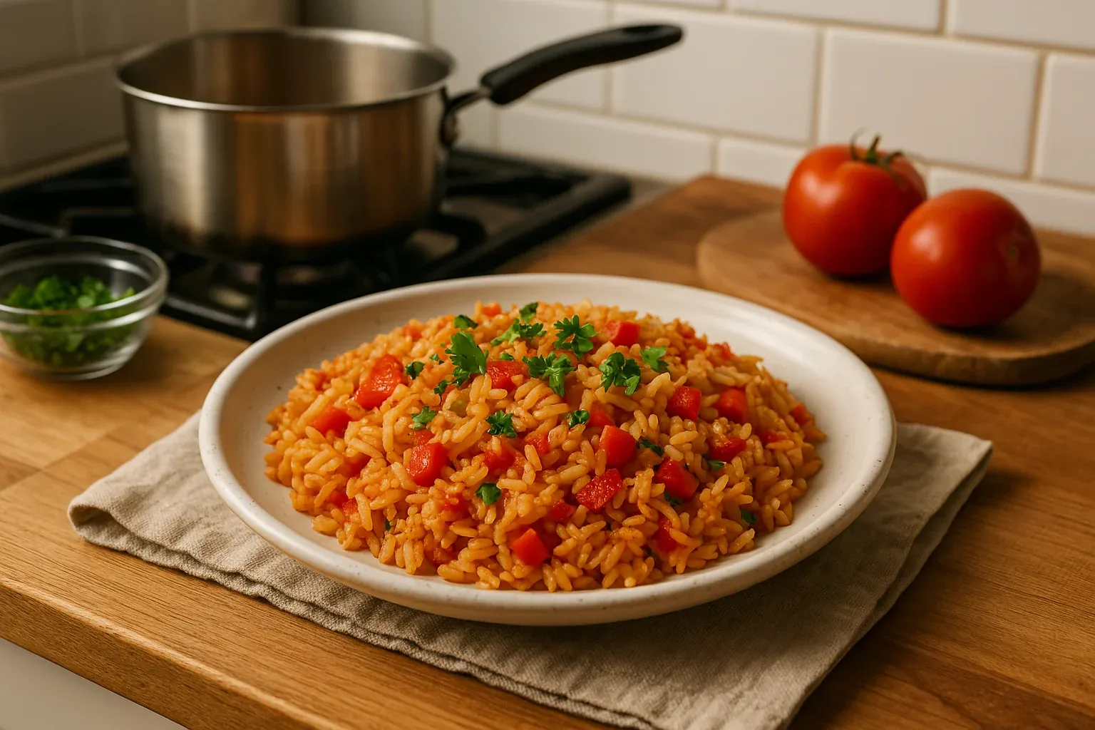Plate of vibrant tomato rice garnished with fresh parsley, with tomatoes and a pot in the background on a wooden kitchen counter.