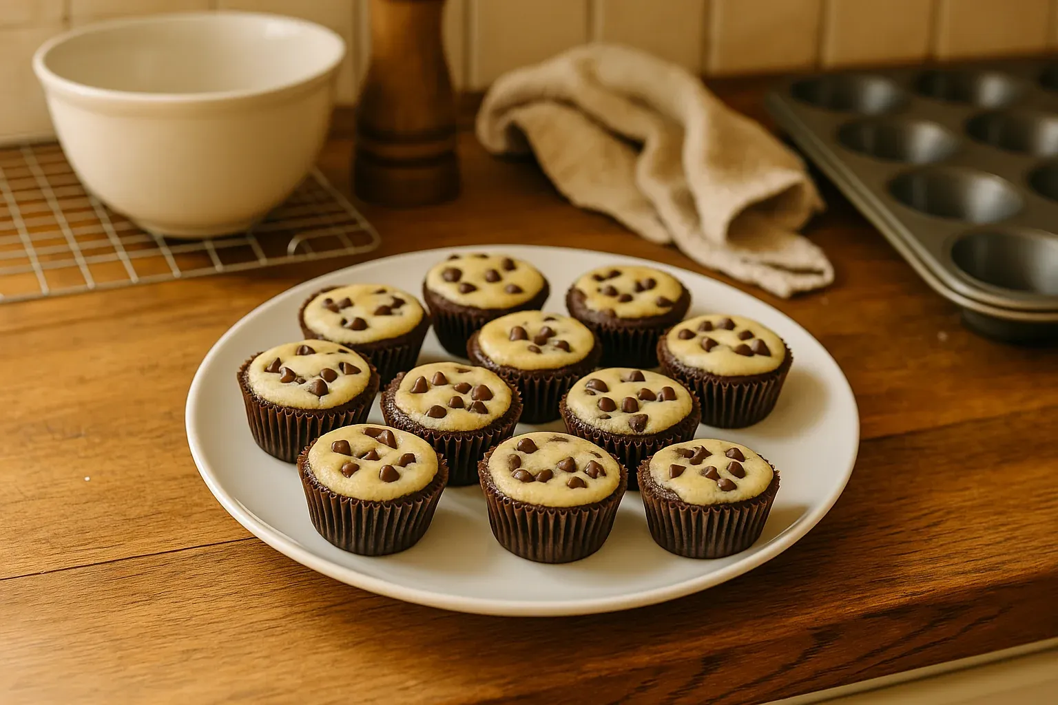 Chocolate chip muffins on a white plate with a cooling rack, mixing bowl, and muffin tin in the background.