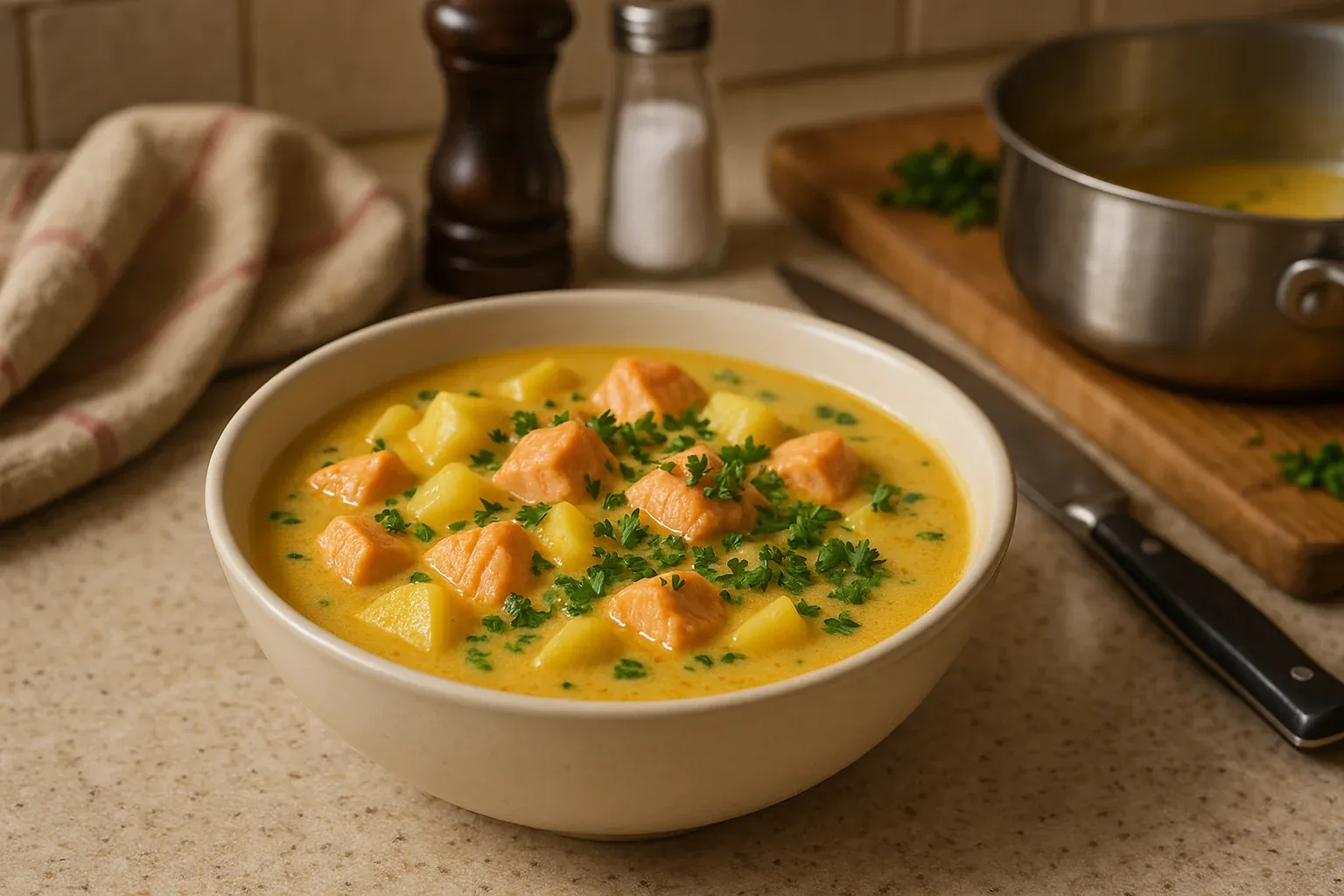 Creamy salmon and potato chowder garnished with fresh parsley in a white bowl on a kitchen counter.