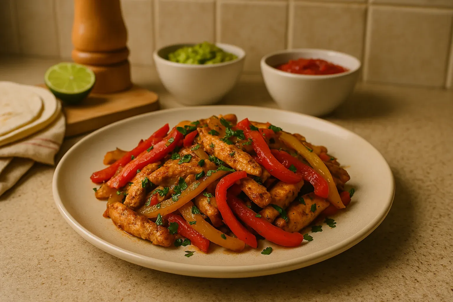 Chicken fajitas with bell peppers, garnished with cilantro, served on a plate with guacamole, salsa, and tortillas in the background.