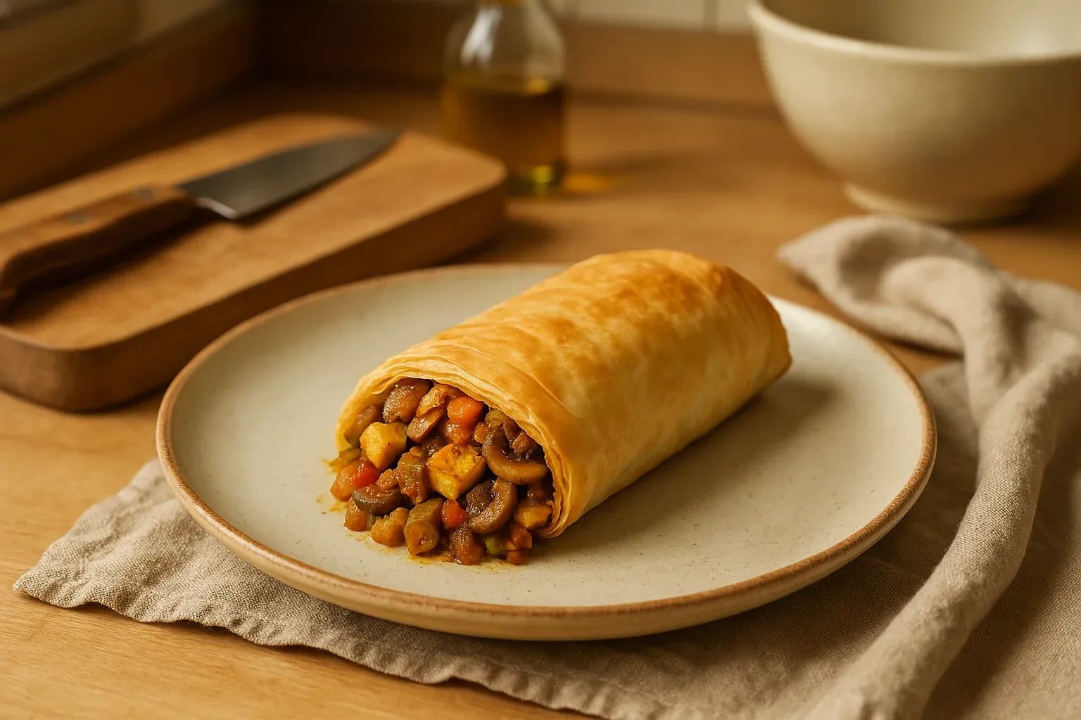Golden-brown vegetable strudel filled with diced vegetables and tofu on a beige plate, knife and olive oil in the background.