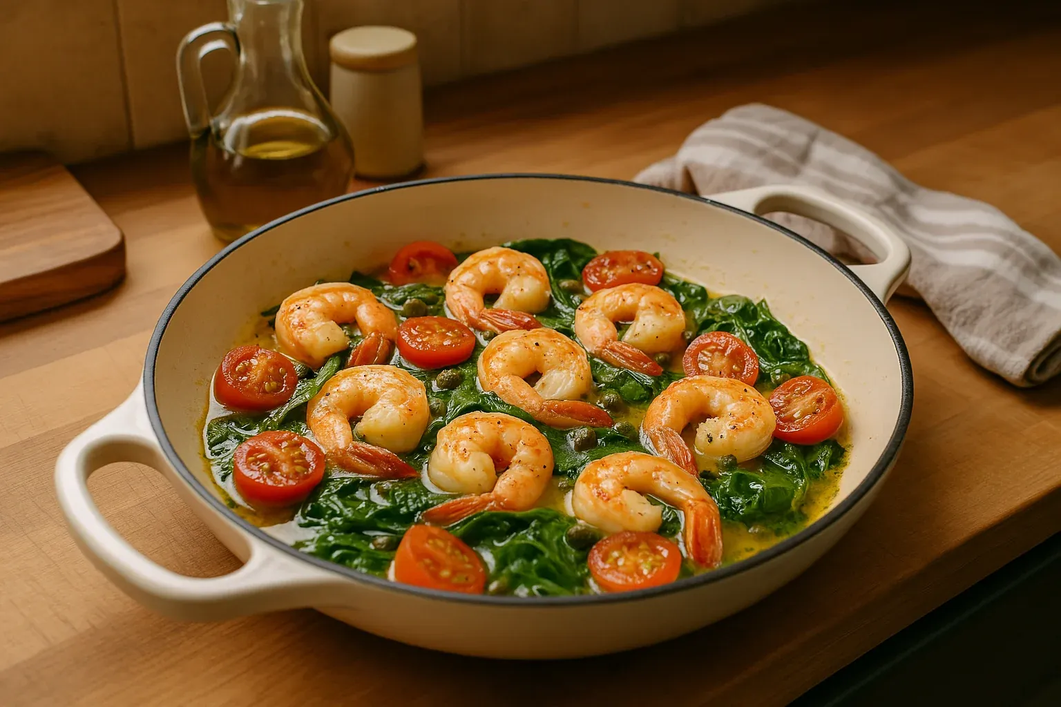 Shrimp sautéed with cherry tomatoes and spinach in a skillet, garnished with capers.