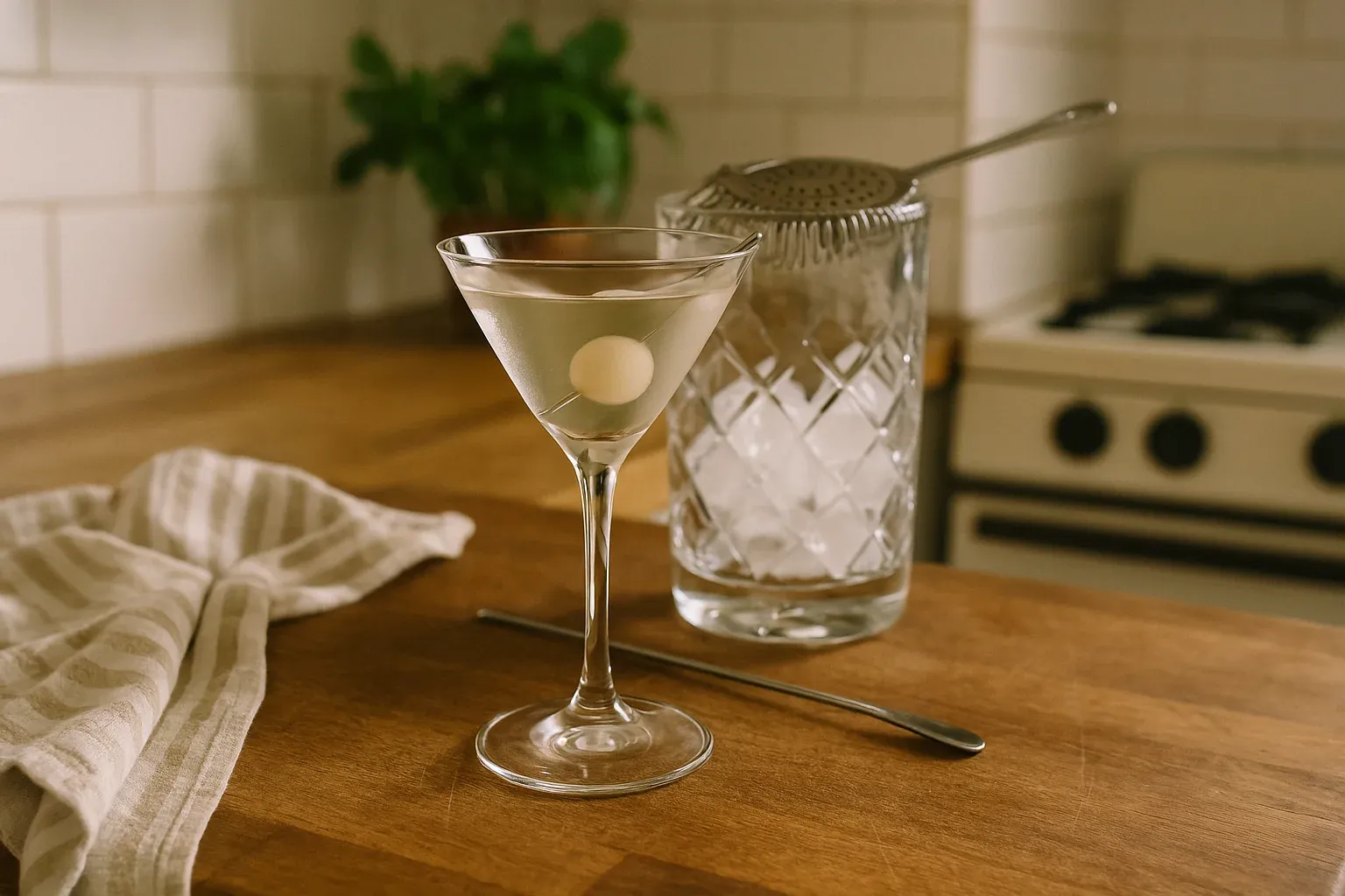 Classic cocktail with an onion garnish in a martini glass, ice-filled mixing glass, bar spoon, and a striped cloth on a wooden counter.