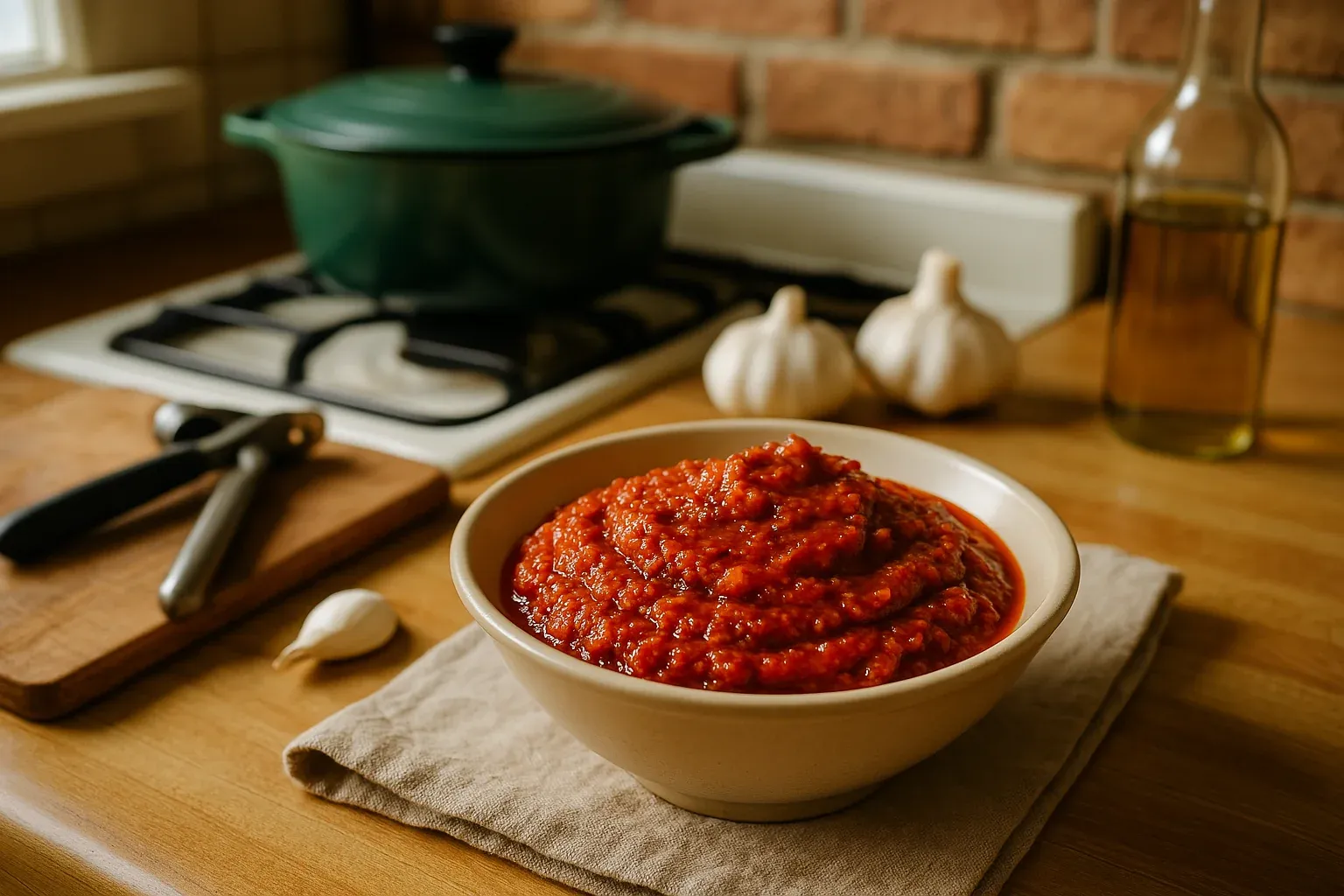Fresh homemade tomato sauce in a bowl on a kitchen counter with garlic, olive oil, and cooking utensils nearby.