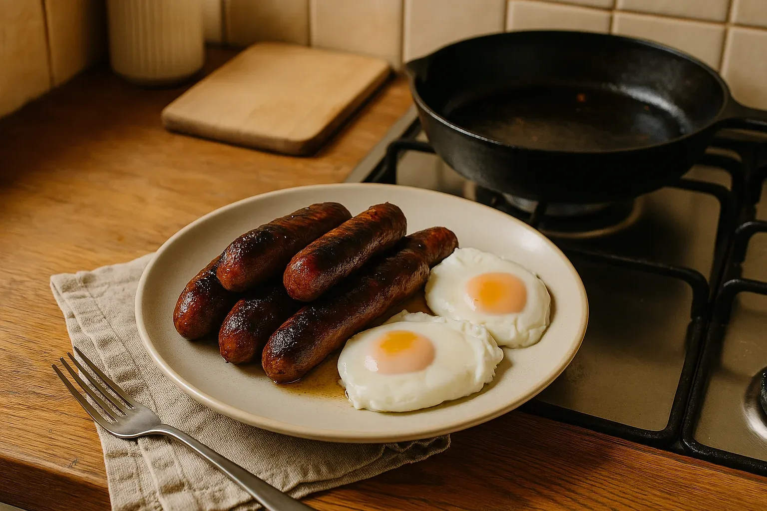 Plate of browned sausages and two sunny-side-up eggs on a kitchen counter with a fork and cast iron skillet in the background.