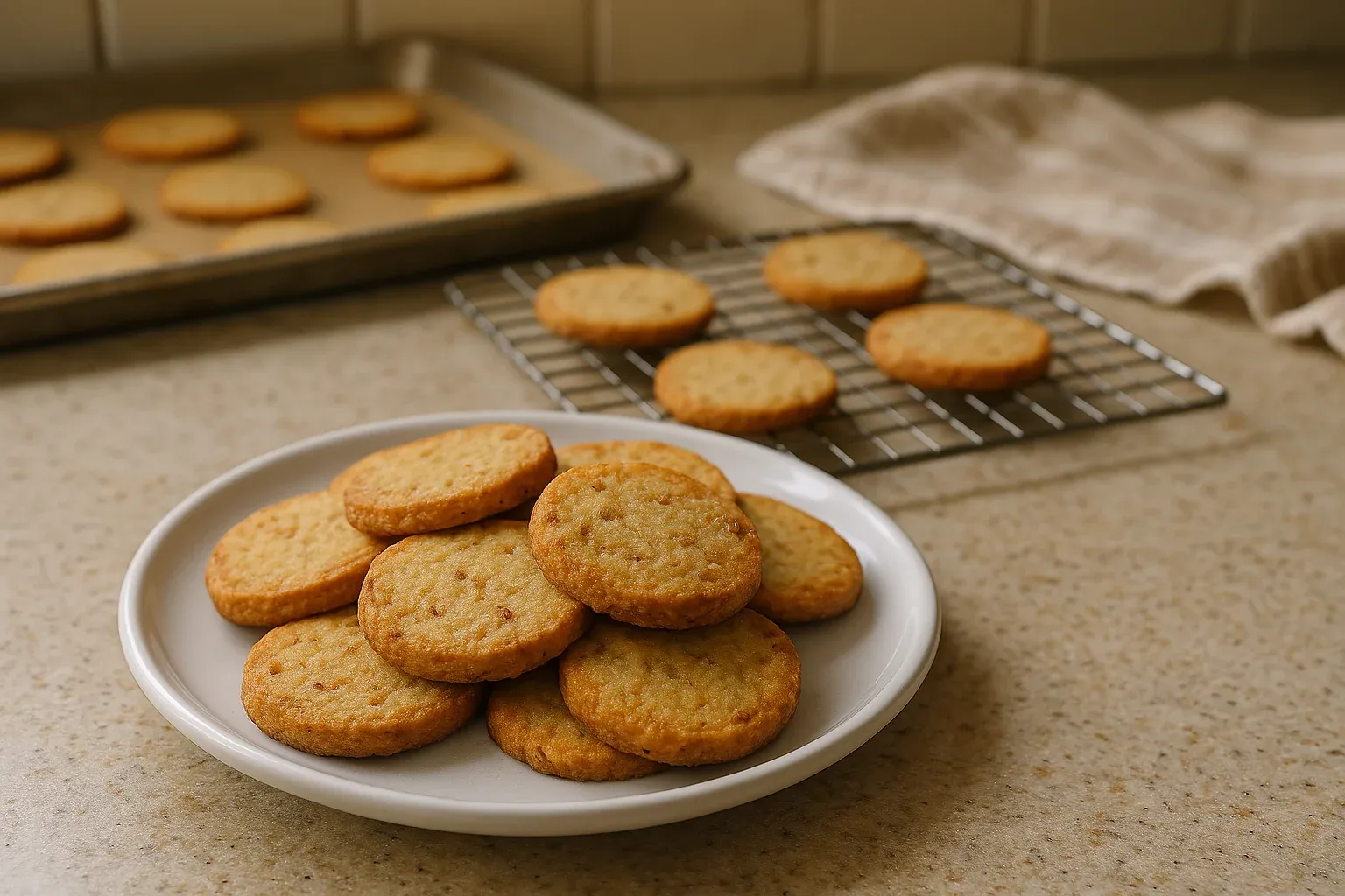 Freshly baked cookies on a plate, cooling rack, and baking sheet in a kitchen setting.