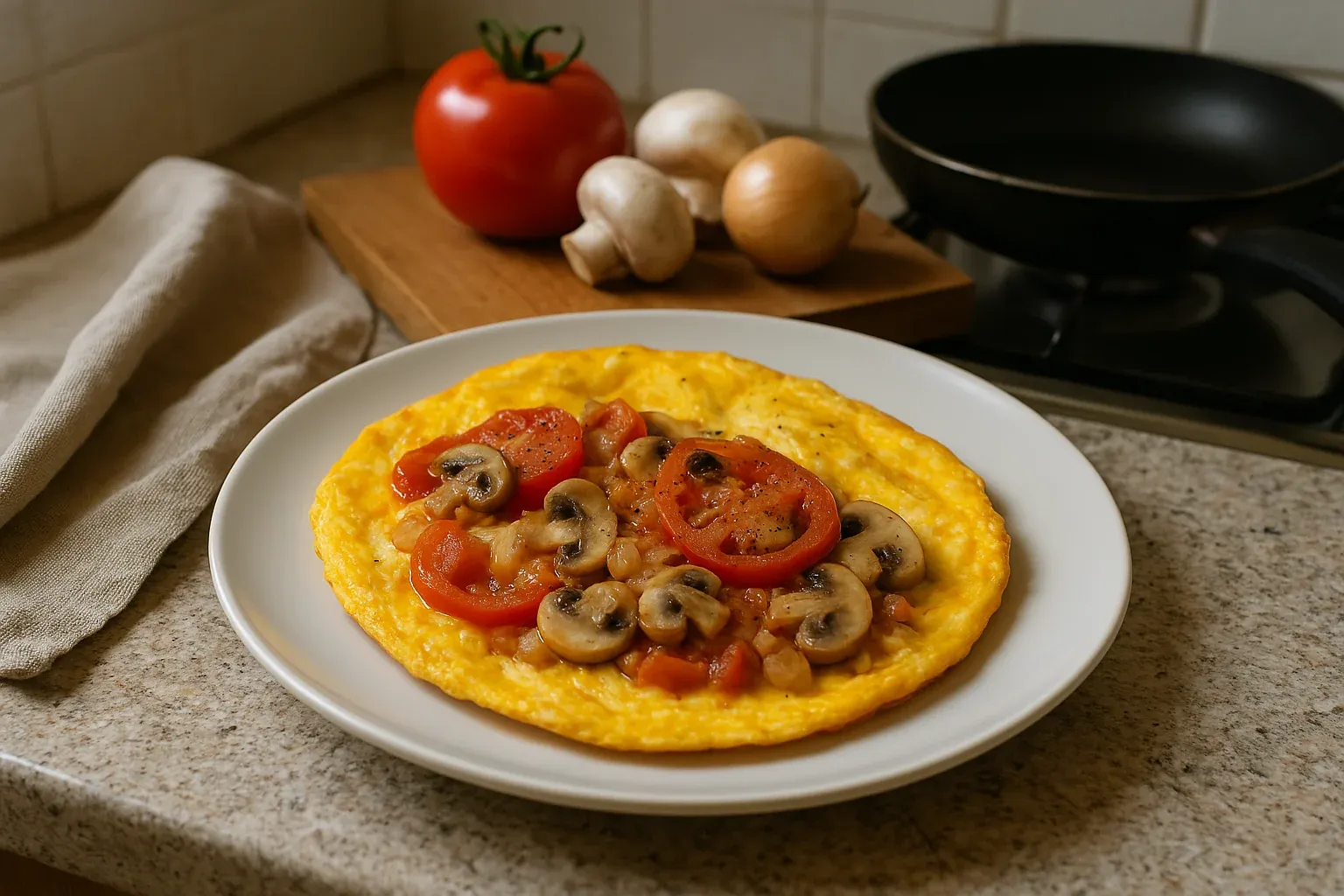Tomato and mushroom omelette on a white plate, with fresh ingredients including a tomato, mushrooms, and onions in the background.
