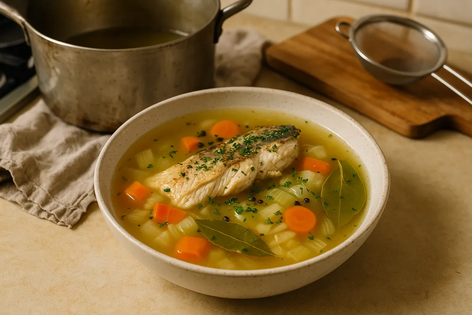 Hearty fish soup with carrots, celery, bay leaves, and herbs in a rustic bowl, with a pot and strainer in the background.