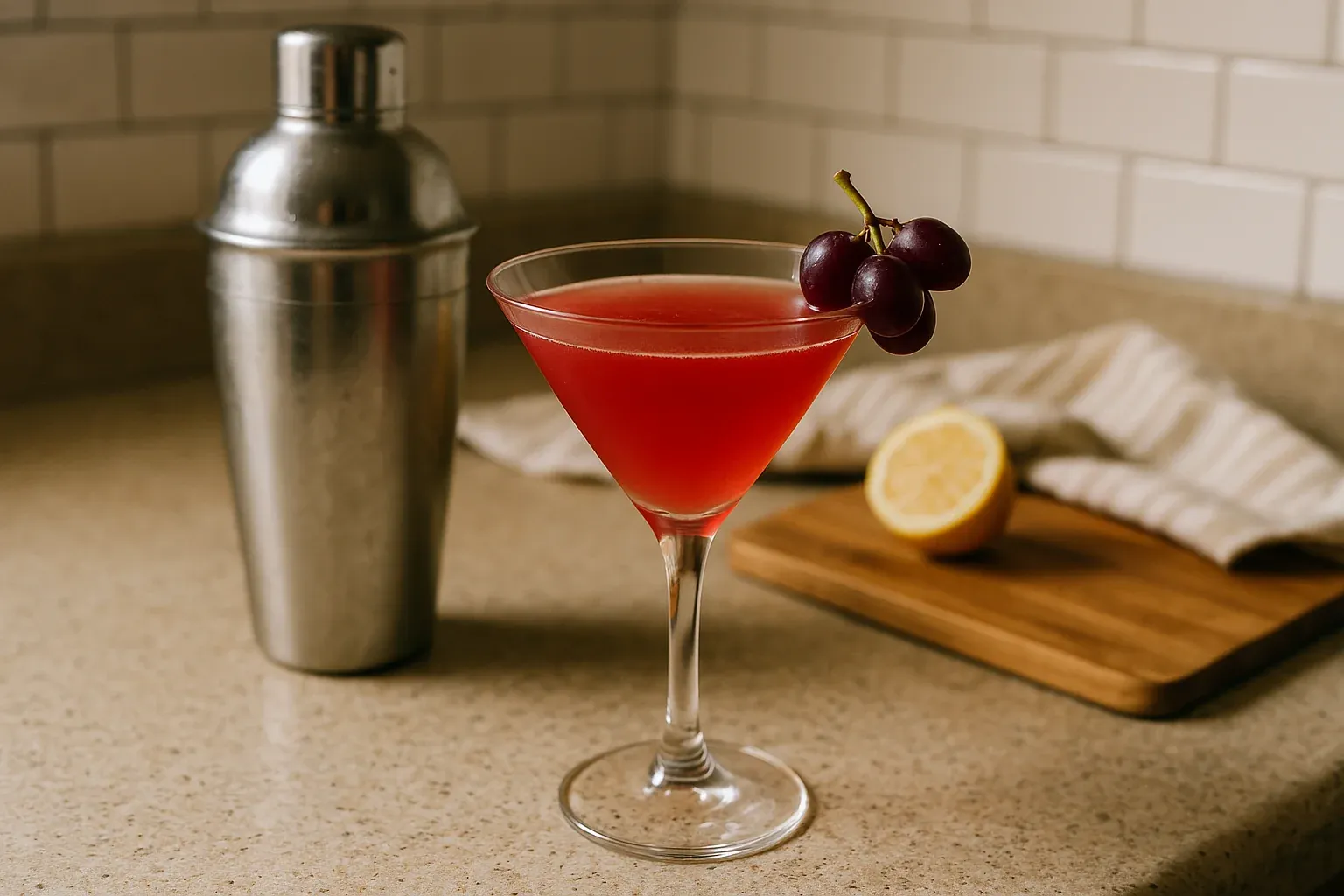 A vibrant red cocktail garnished with grapes, set on a kitchen counter with a cocktail shaker and a sliced lemon in the background.