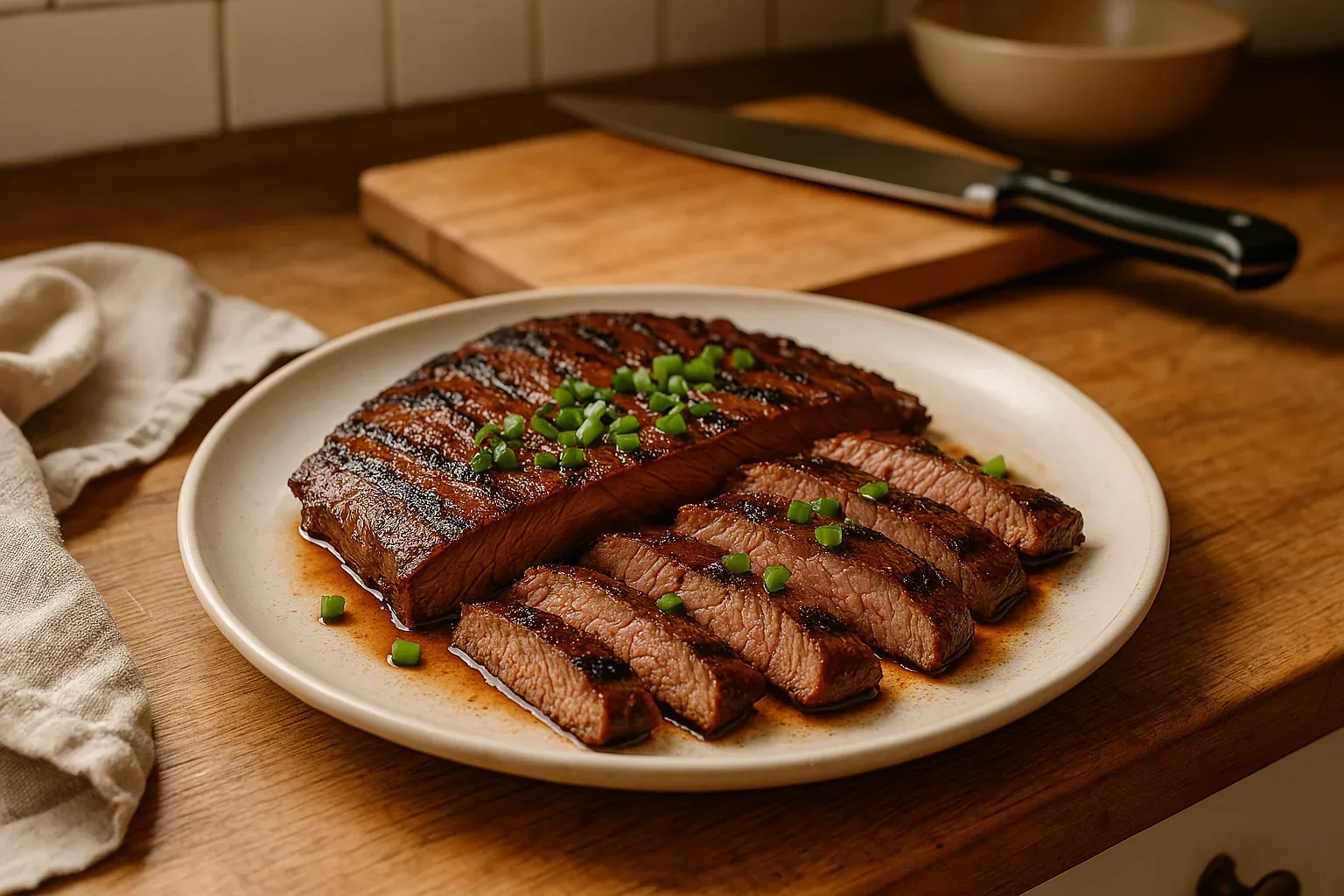 Grilled flank steak garnished with chopped green onions on a white plate, ready for serving.