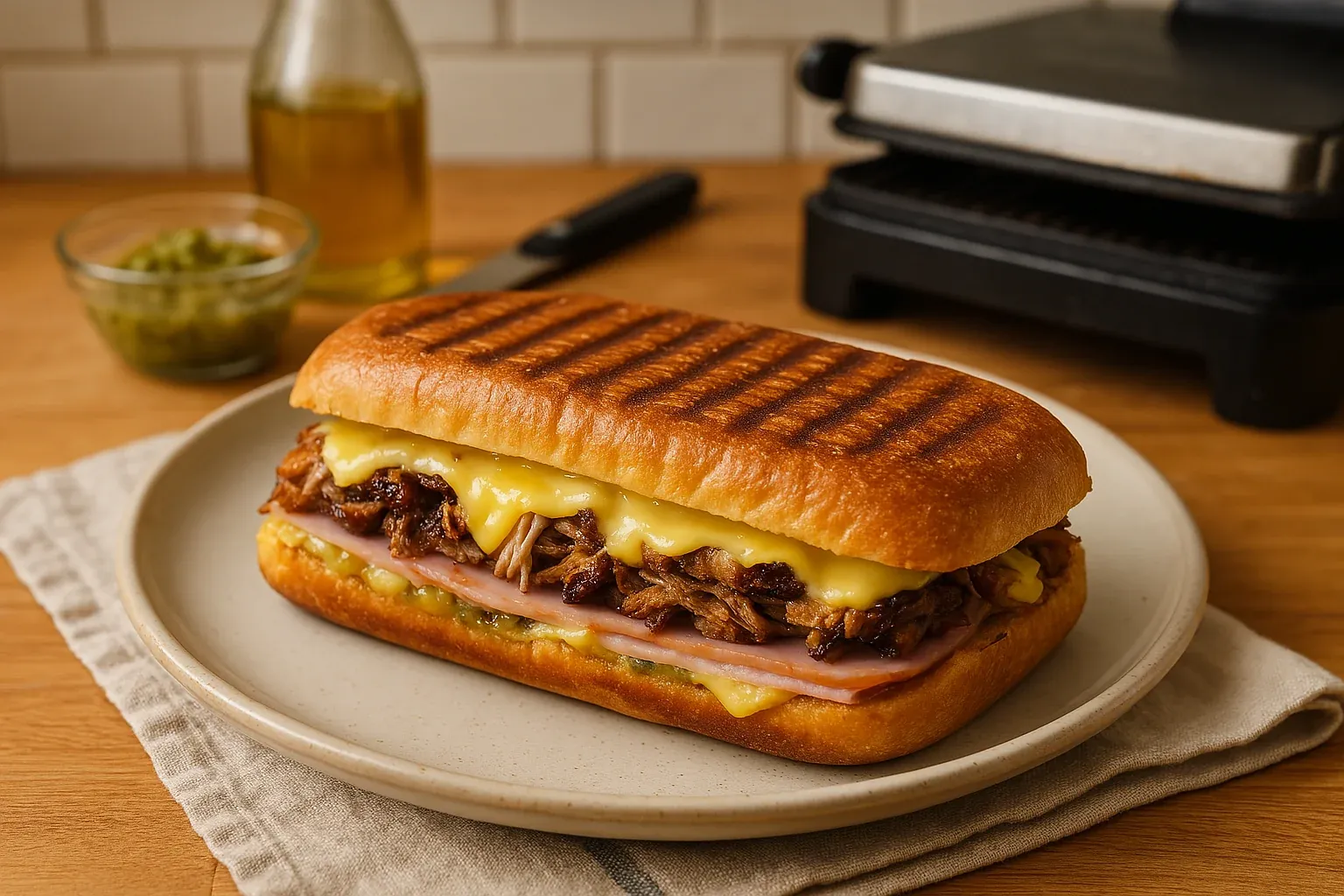Grilled panini with melted cheese, pulled pork, and ham on a plate, with a bowl of green sauce and a panini press in the background.